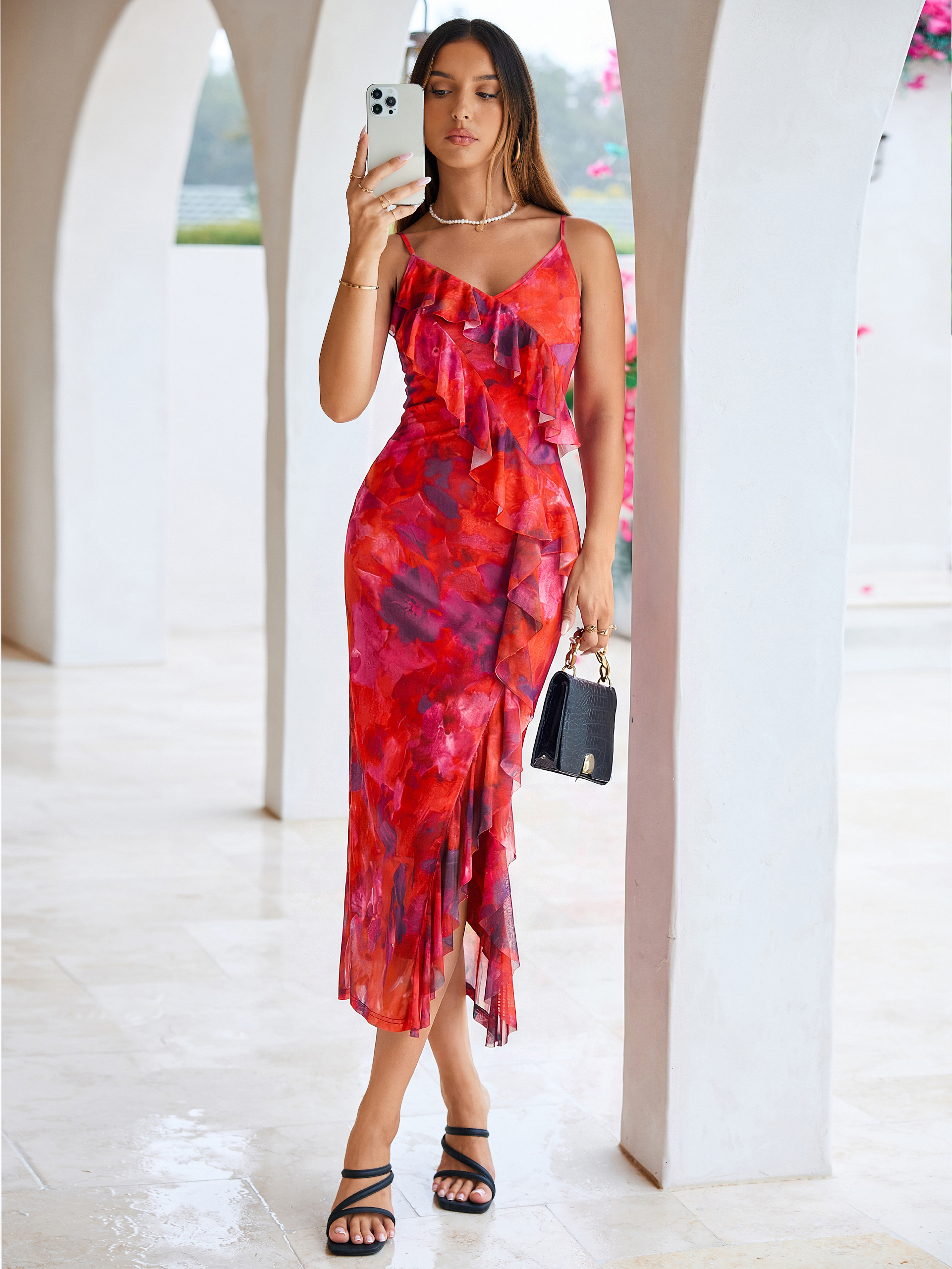 Floral V Neck Ruffle Mesh Maxi Dress with Slit