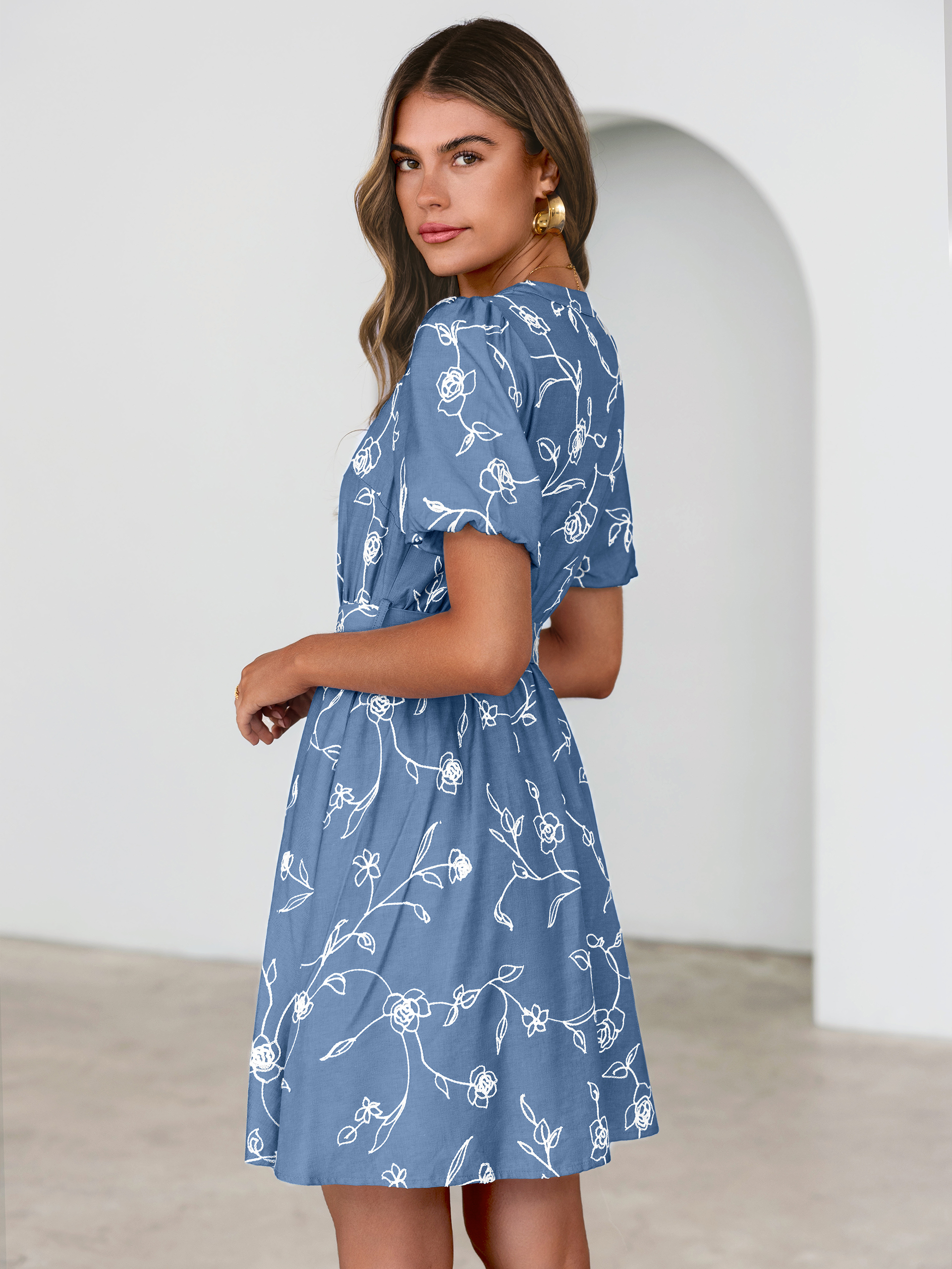 Embroidered Cotton Denim Belted A-Line Dress