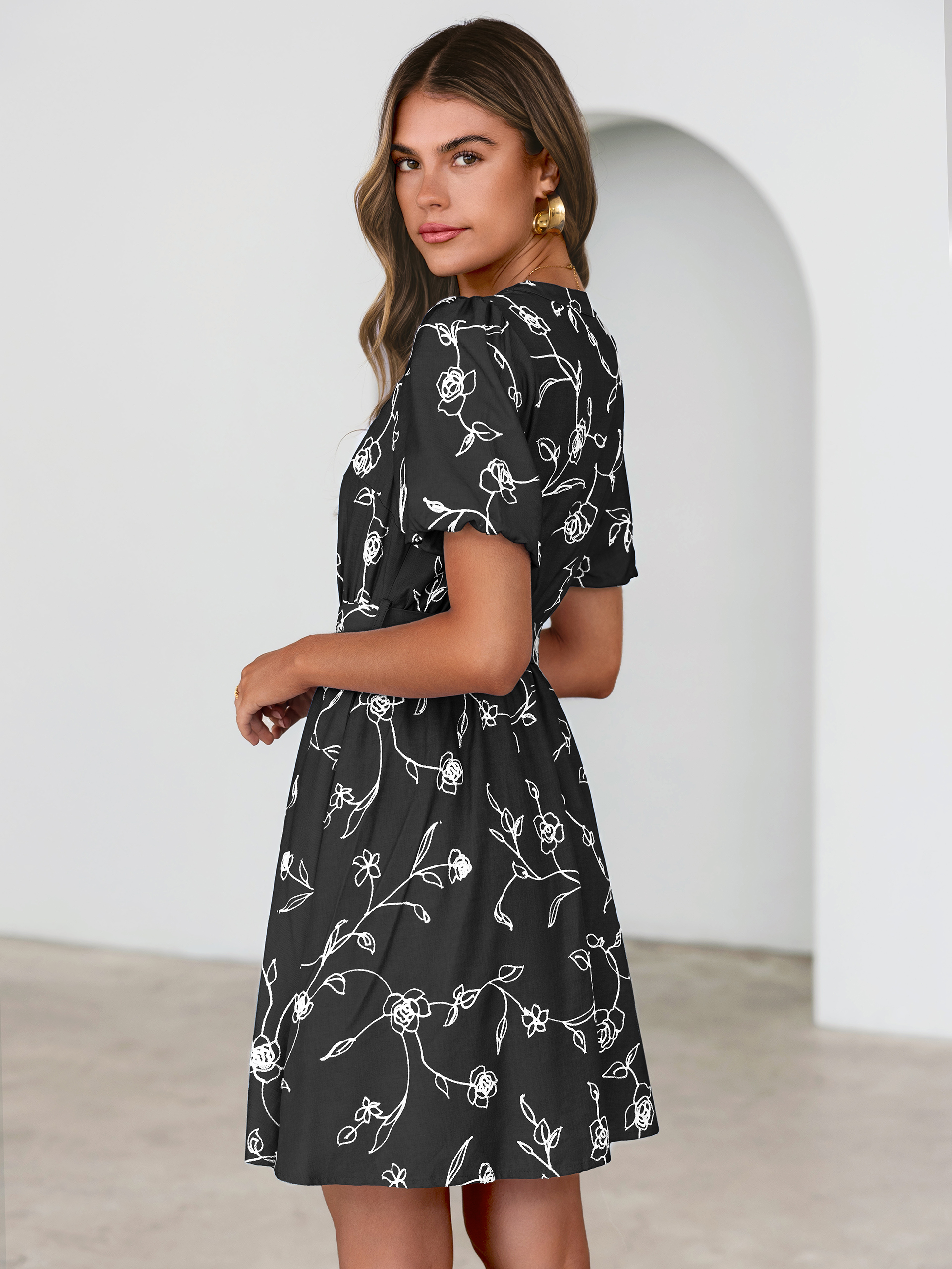 Embroidered Cotton Denim Belted A-Line Dress