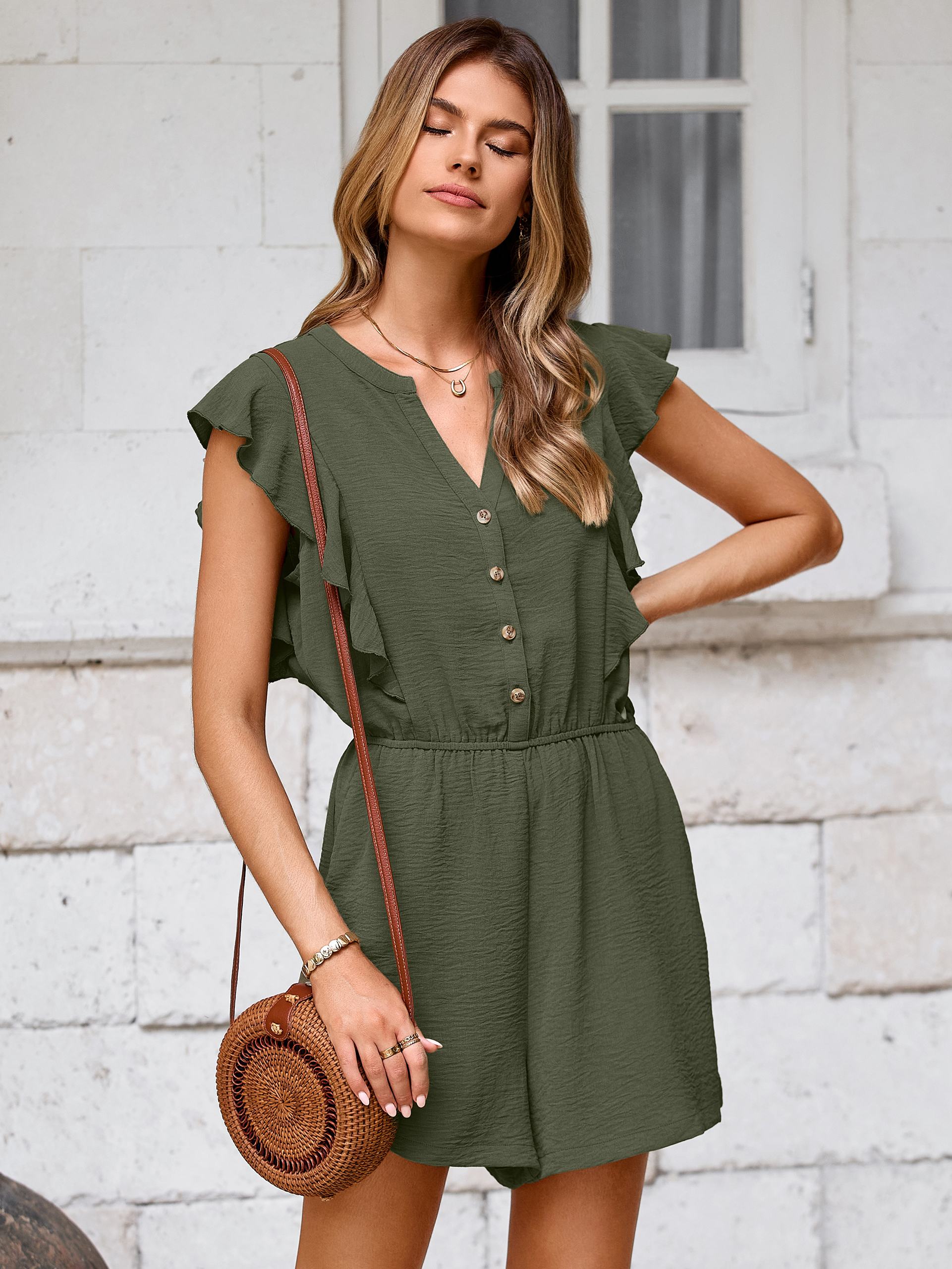 Flutter Sleeve V Neck Wide Leg Short Jumpsuit