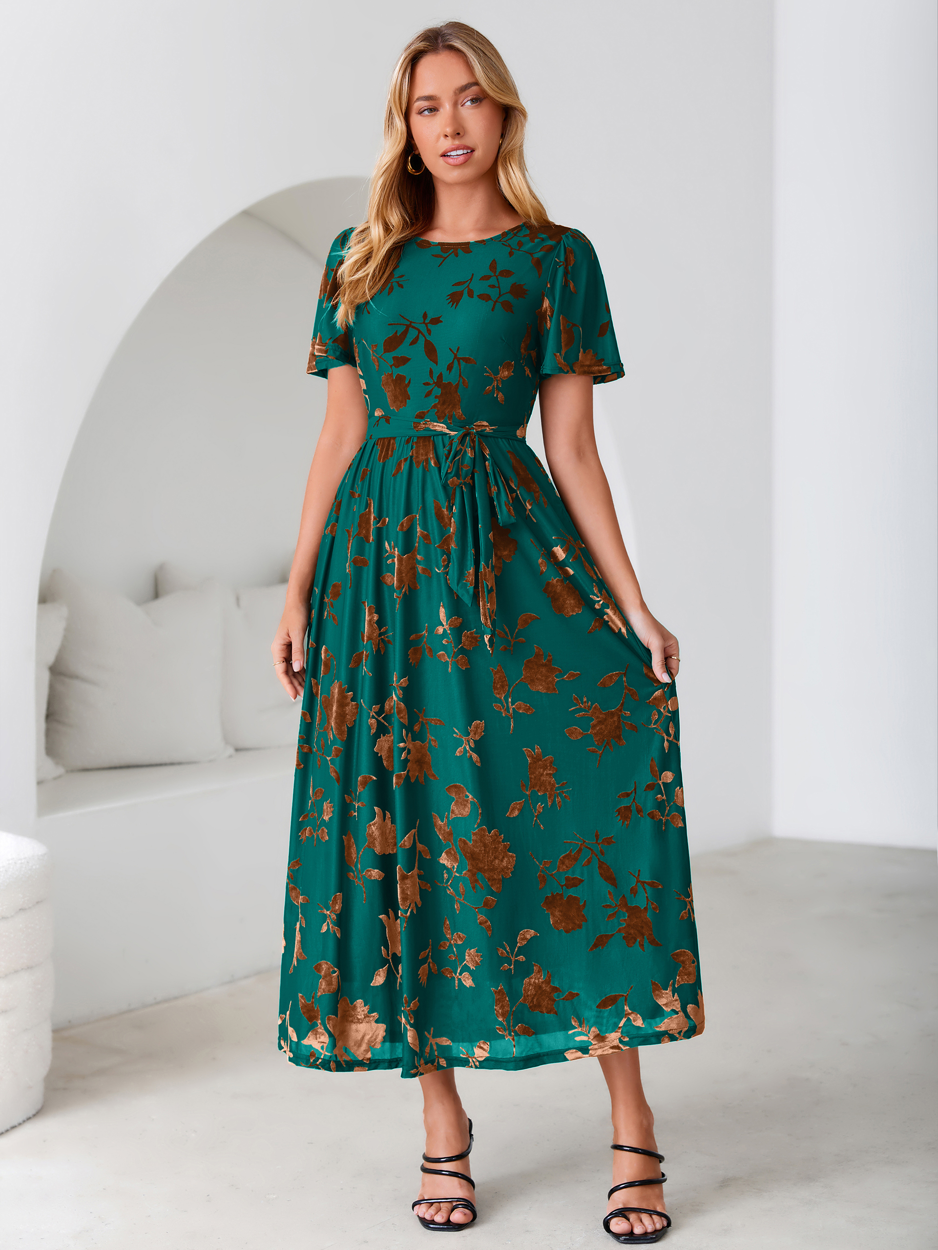 Velvet Floral Tie Waist Flutter Sleeve Maxi Dress - Green Bronze