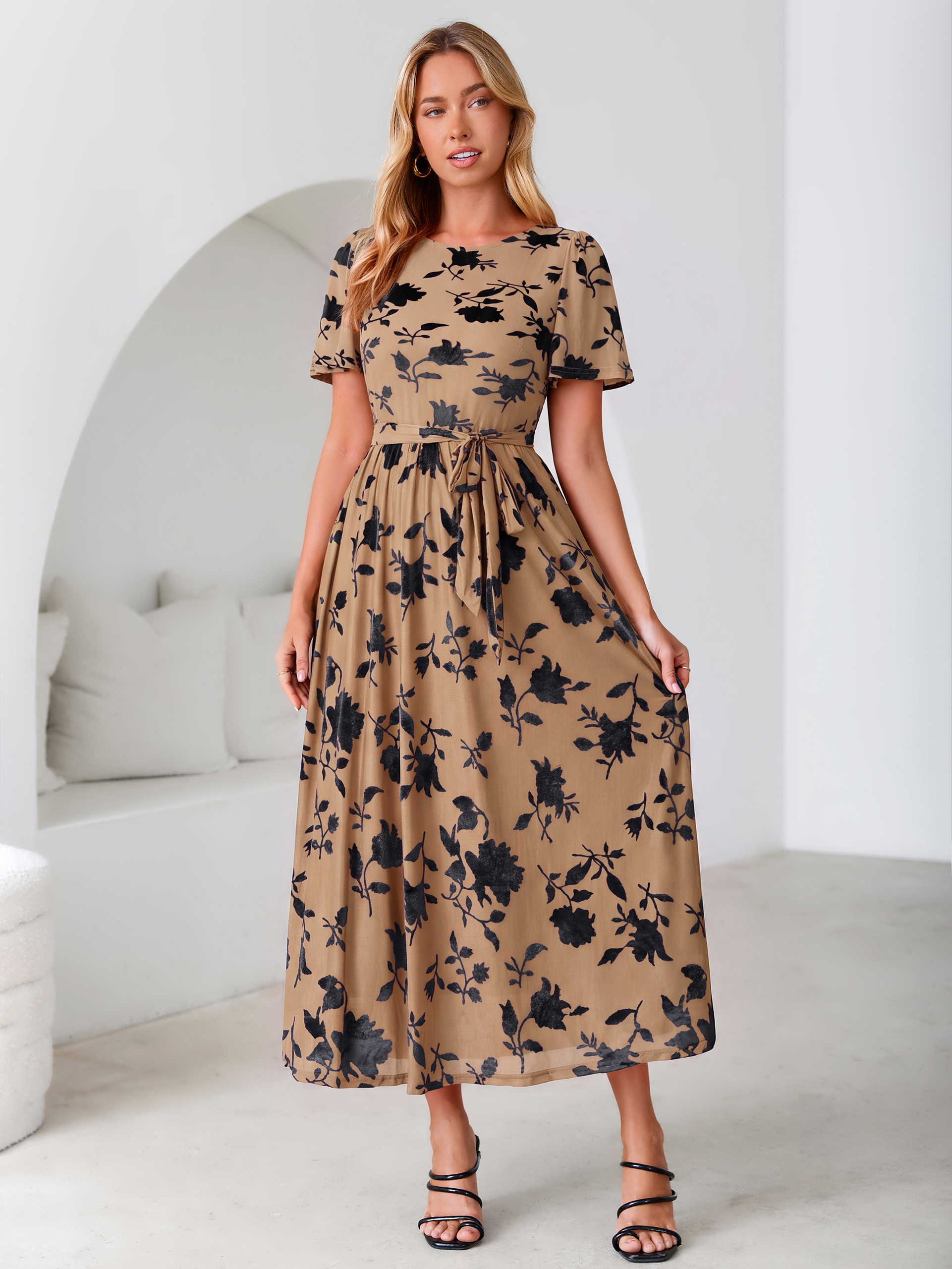 Velvet Floral Tie Waist Flutter Sleeve Maxi Dress - Khaki Black