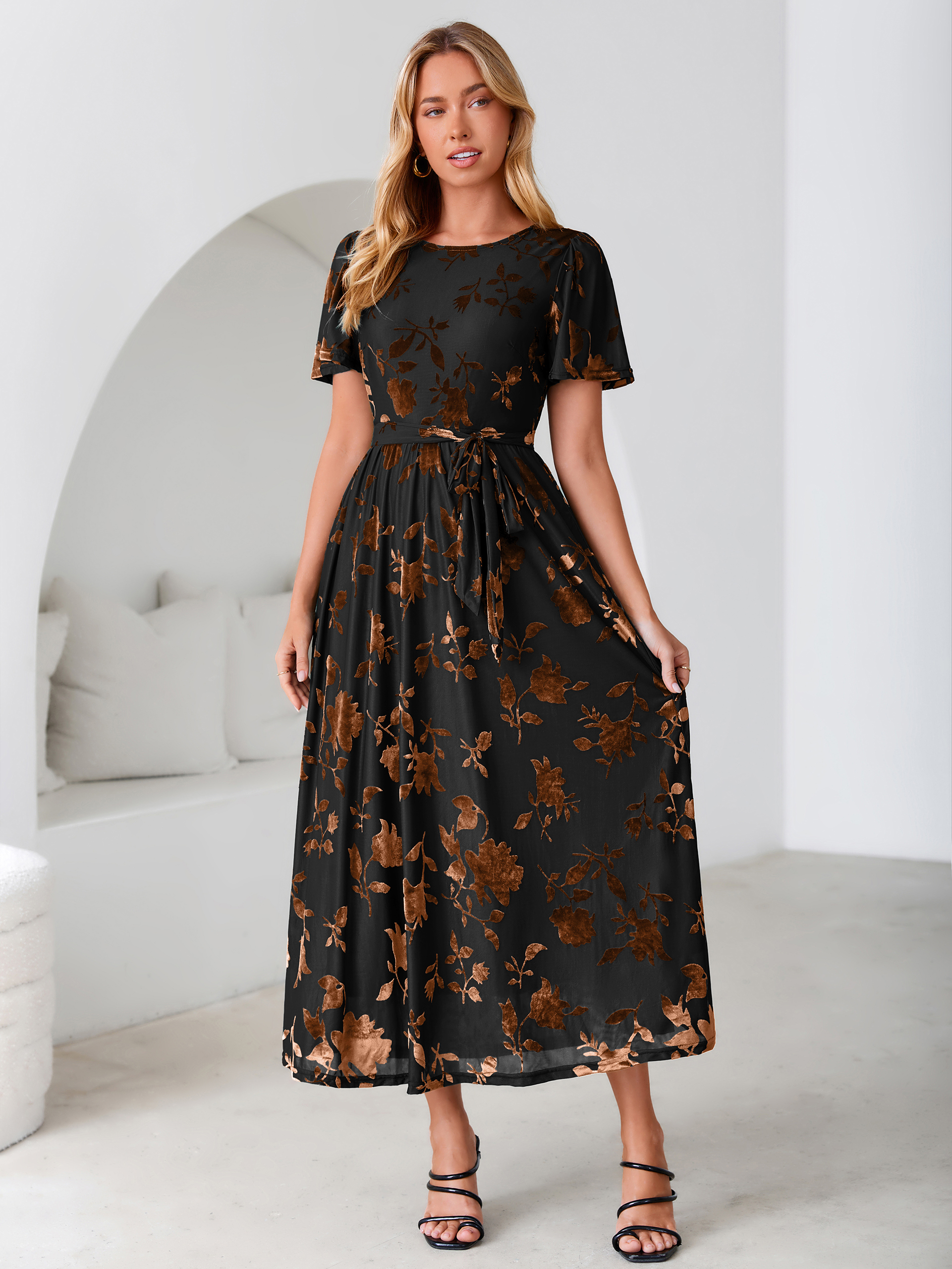 Velvet Floral Tie Waist Flutter Sleeve Maxi Dress - Black Brown