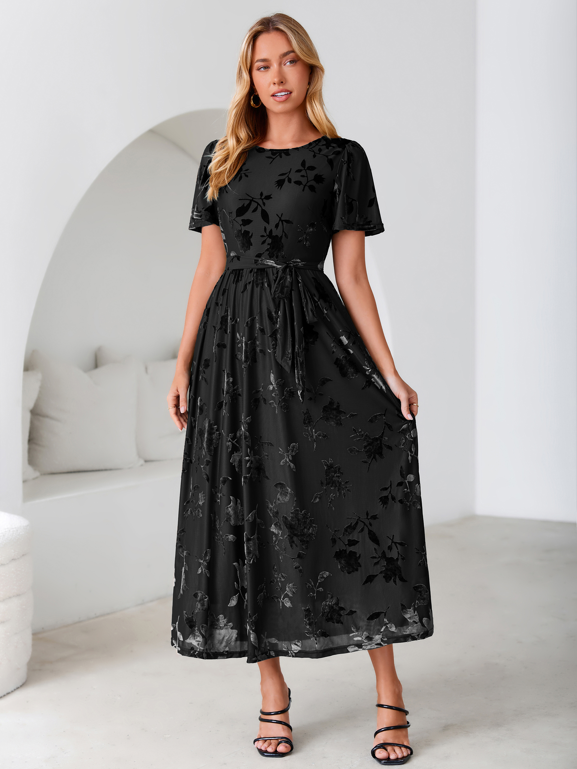 Velvet Floral Tie Waist Flutter Sleeve Maxi Dress - Black