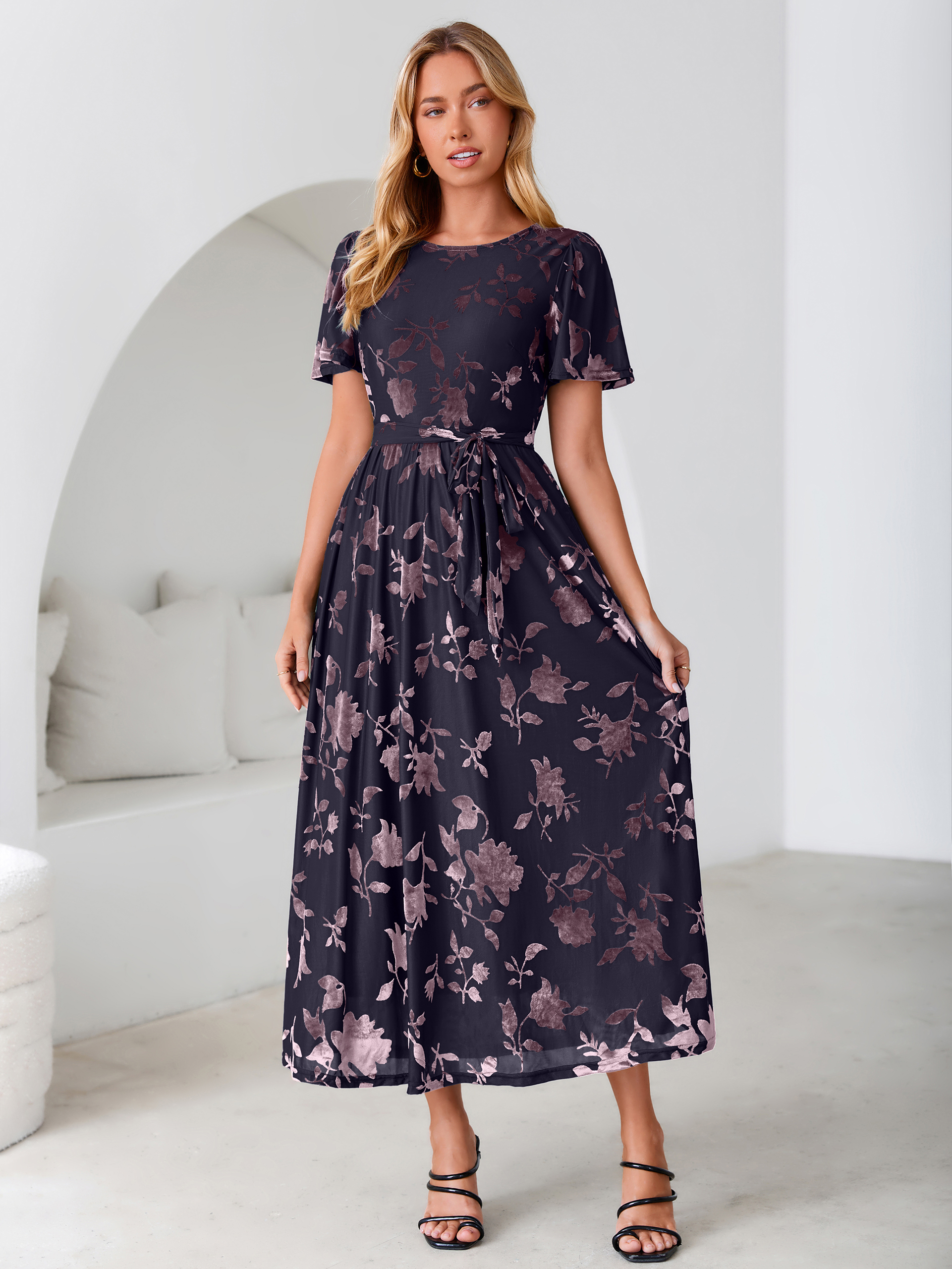 Velvet Floral Tie Waist Flutter Sleeve Maxi Dress - Dark Purple