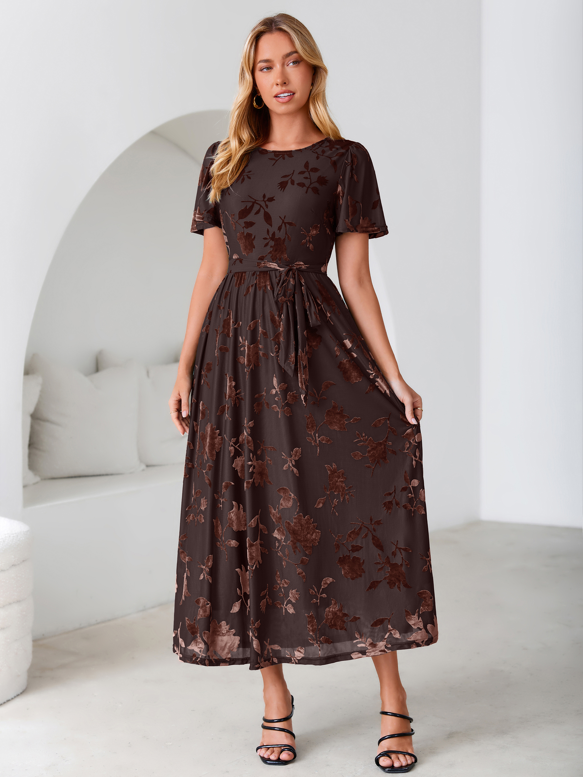 Velvet Floral Tie Waist Flutter Sleeve Maxi Dress - Coffee