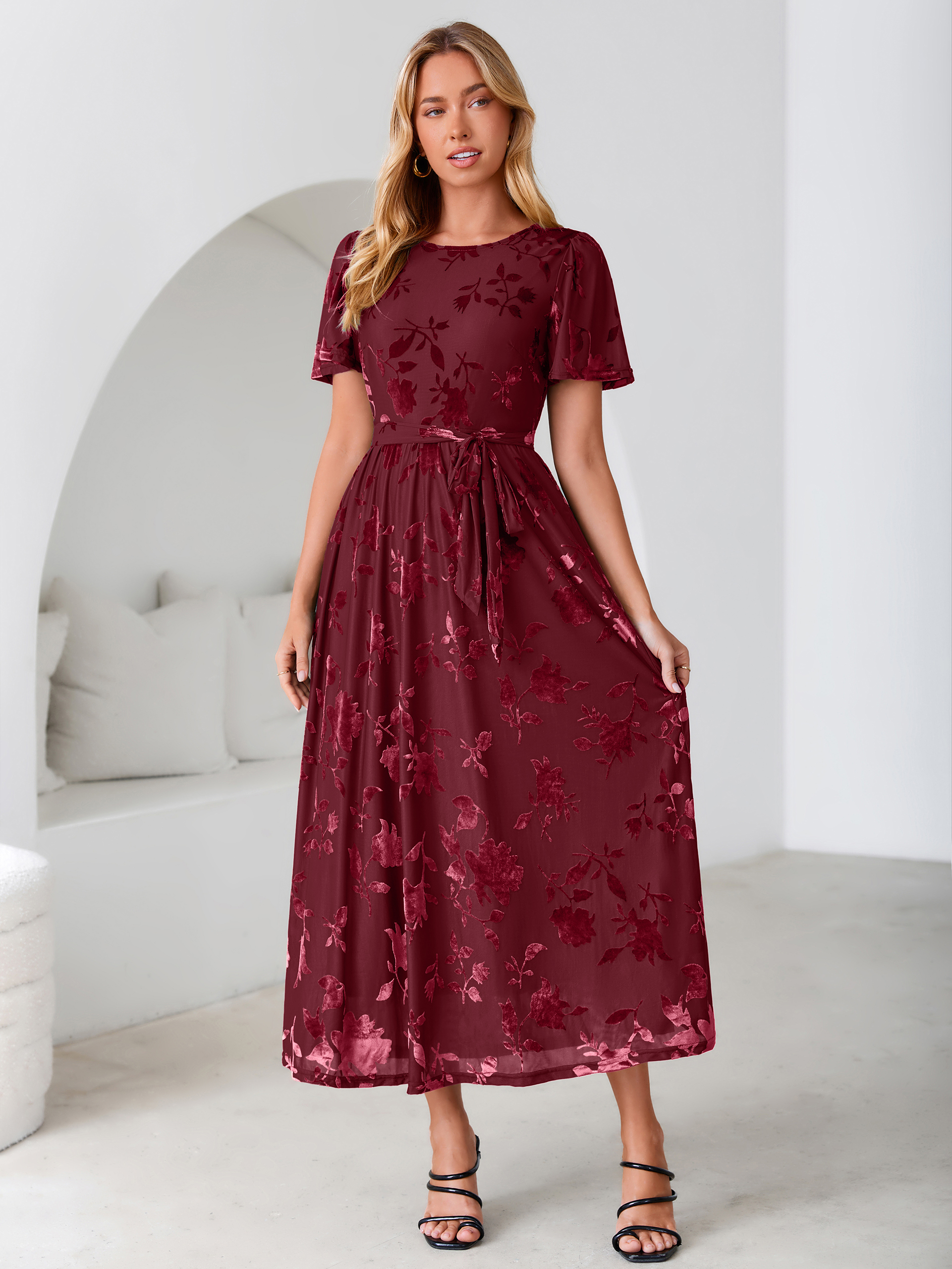 Velvet Floral Tie Waist Flutter Sleeve Maxi Dress - Burgundy
