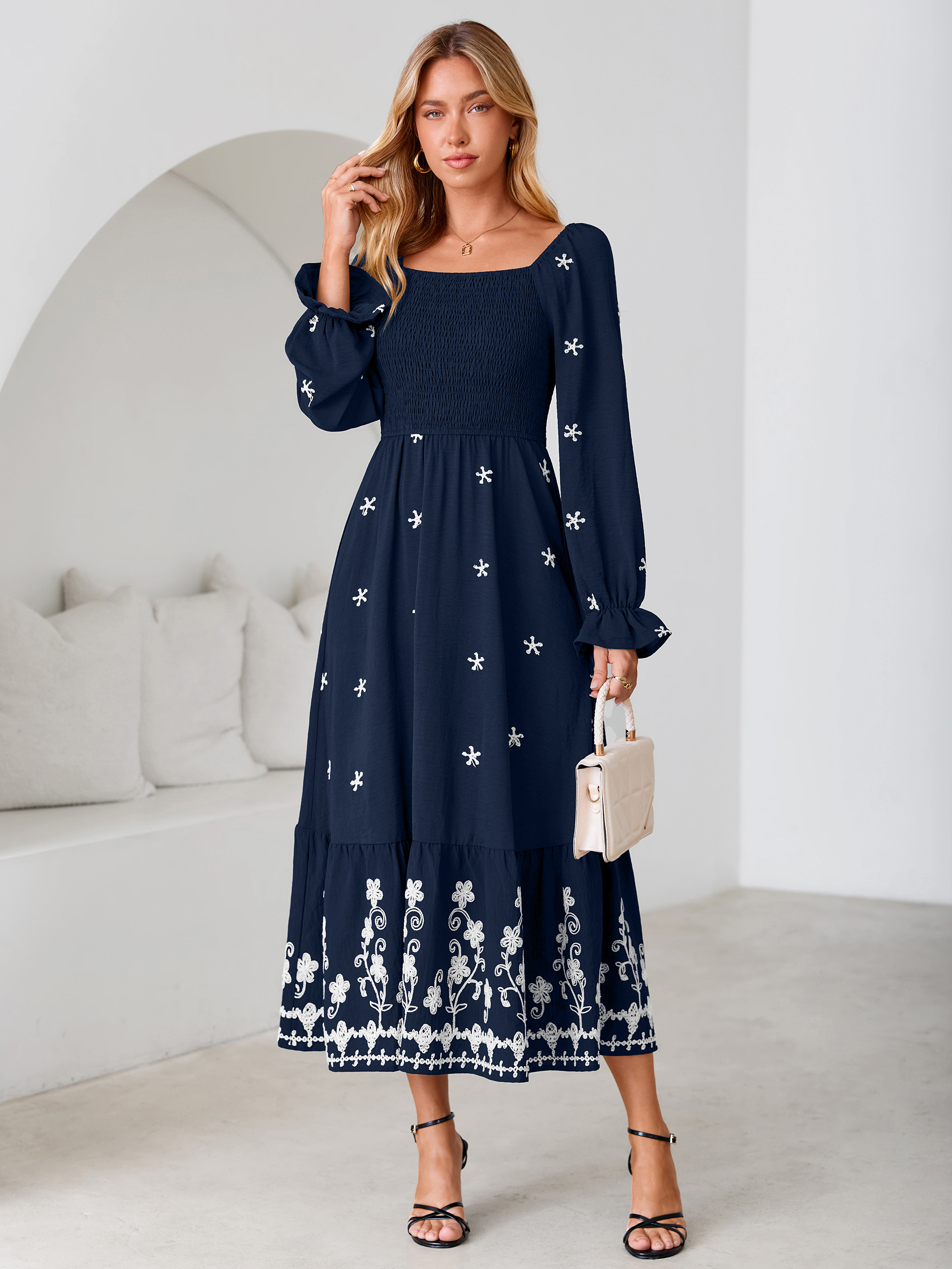 Boho Square Neck Floral Embroidered Maxi Dress