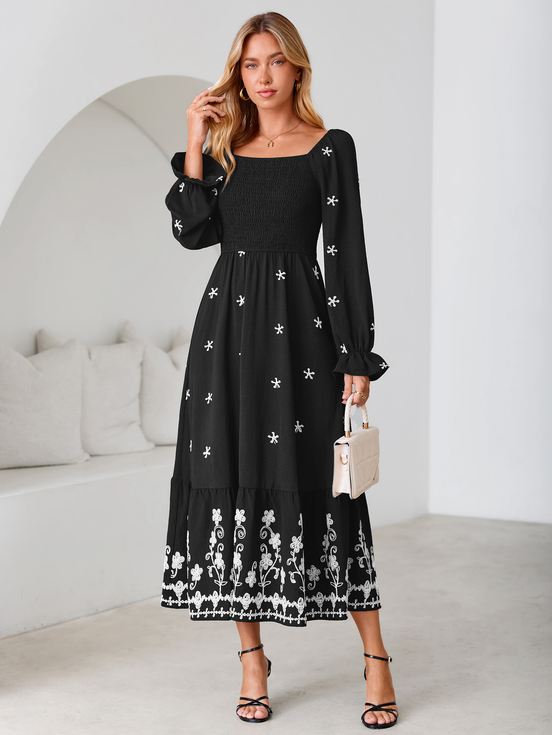 Boho Square Neck Floral Embroidered Maxi Dress