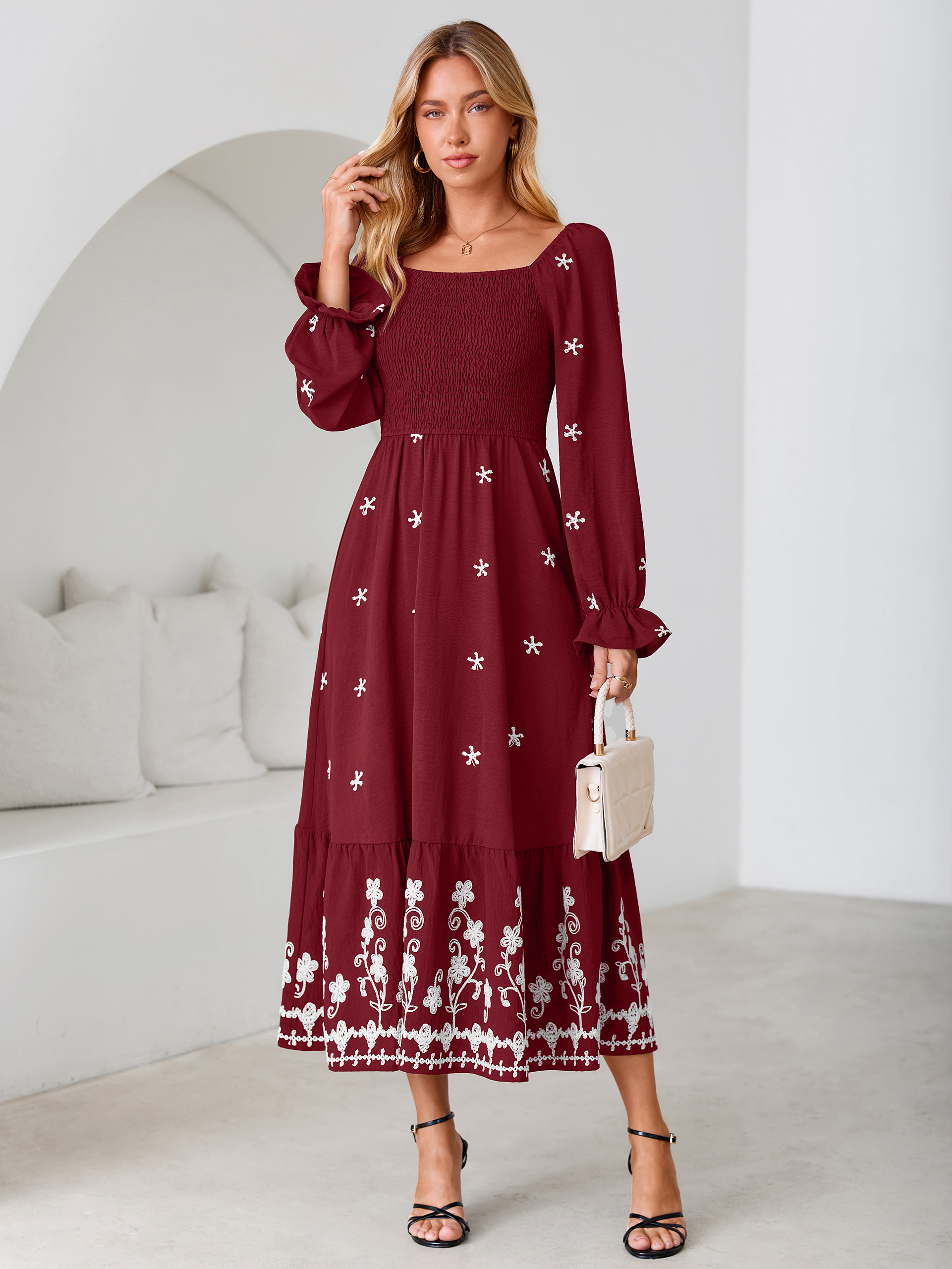 Boho Square Neck Floral Embroidered Maxi Dress