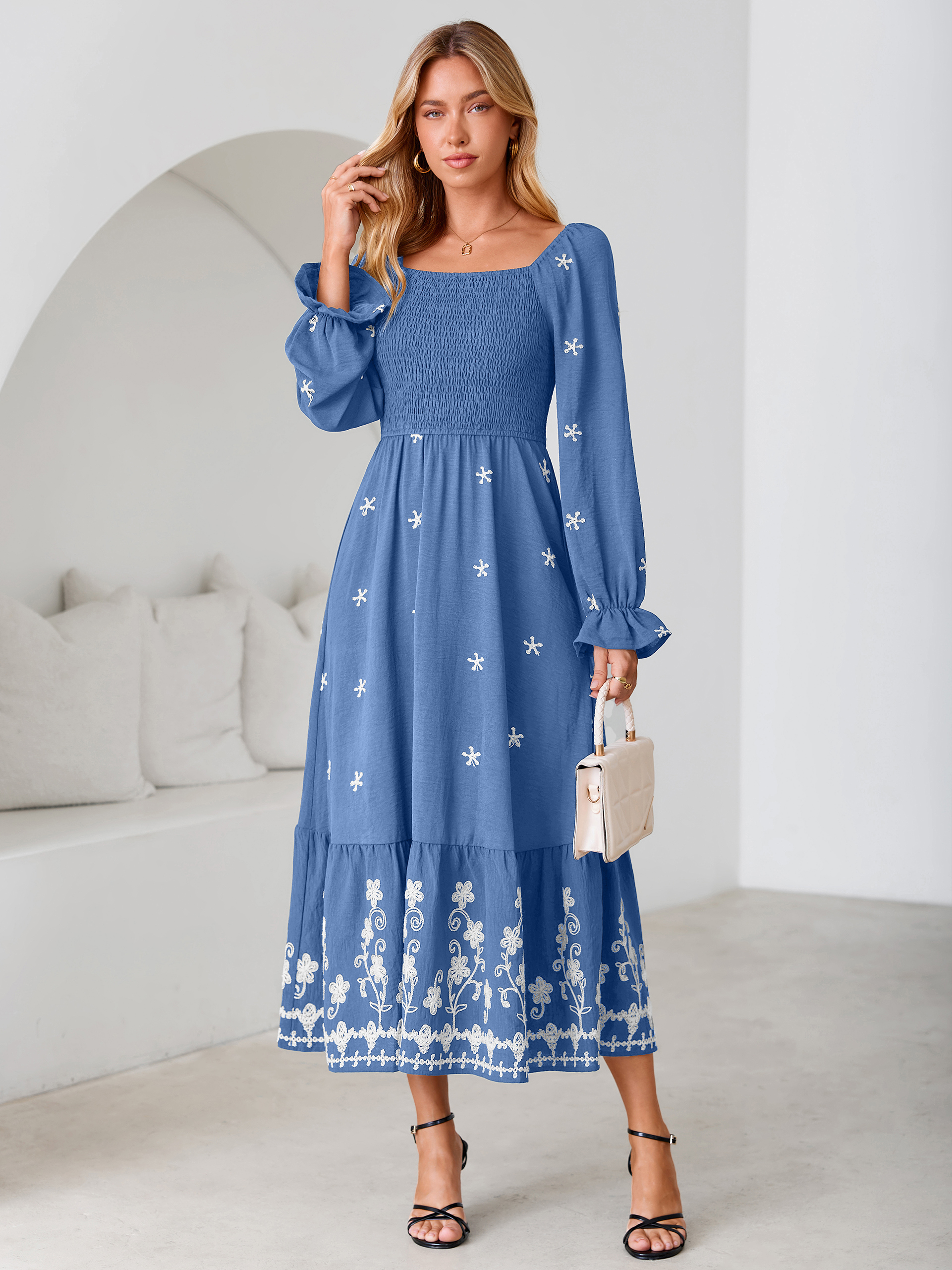 Boho Square Neck Floral Embroidered Maxi Dress