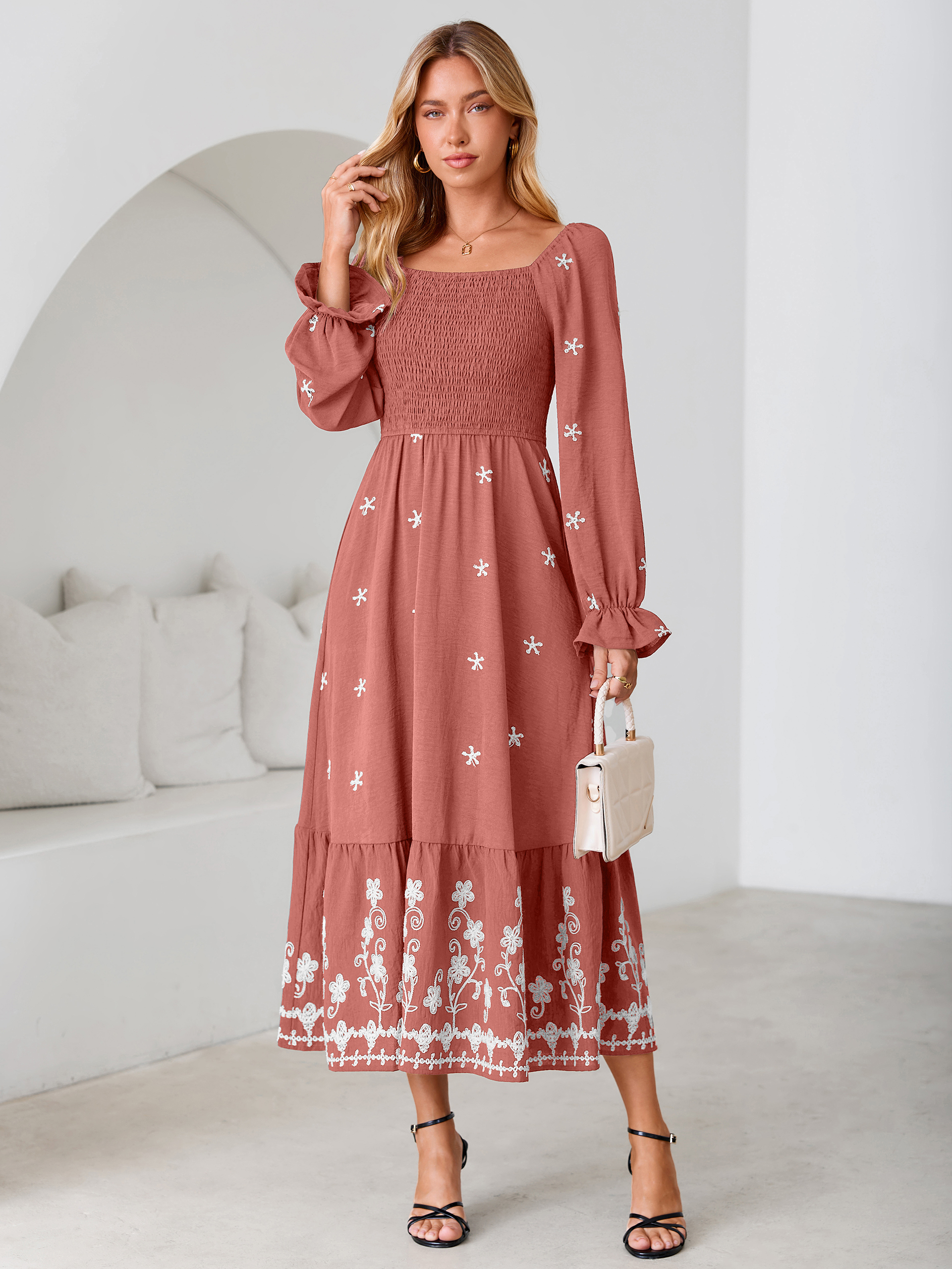 Boho Square Neck Floral Embroidered Maxi Dress