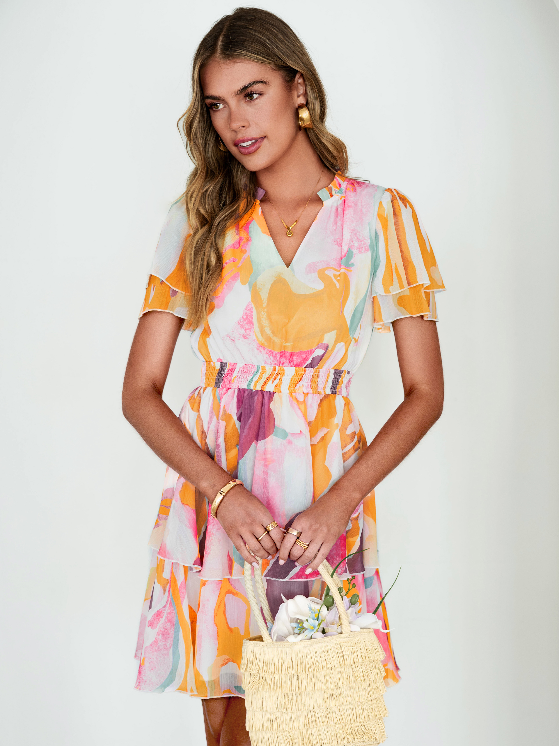 Floral Print V Neck Smocked Tiered Mini Dress - Pink Orange Floral