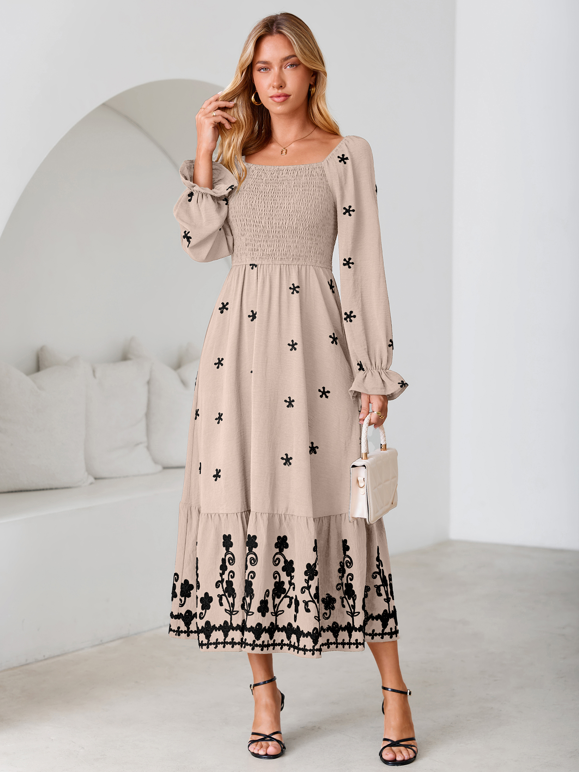 Boho Square Neck Floral Embroidered Maxi Dress