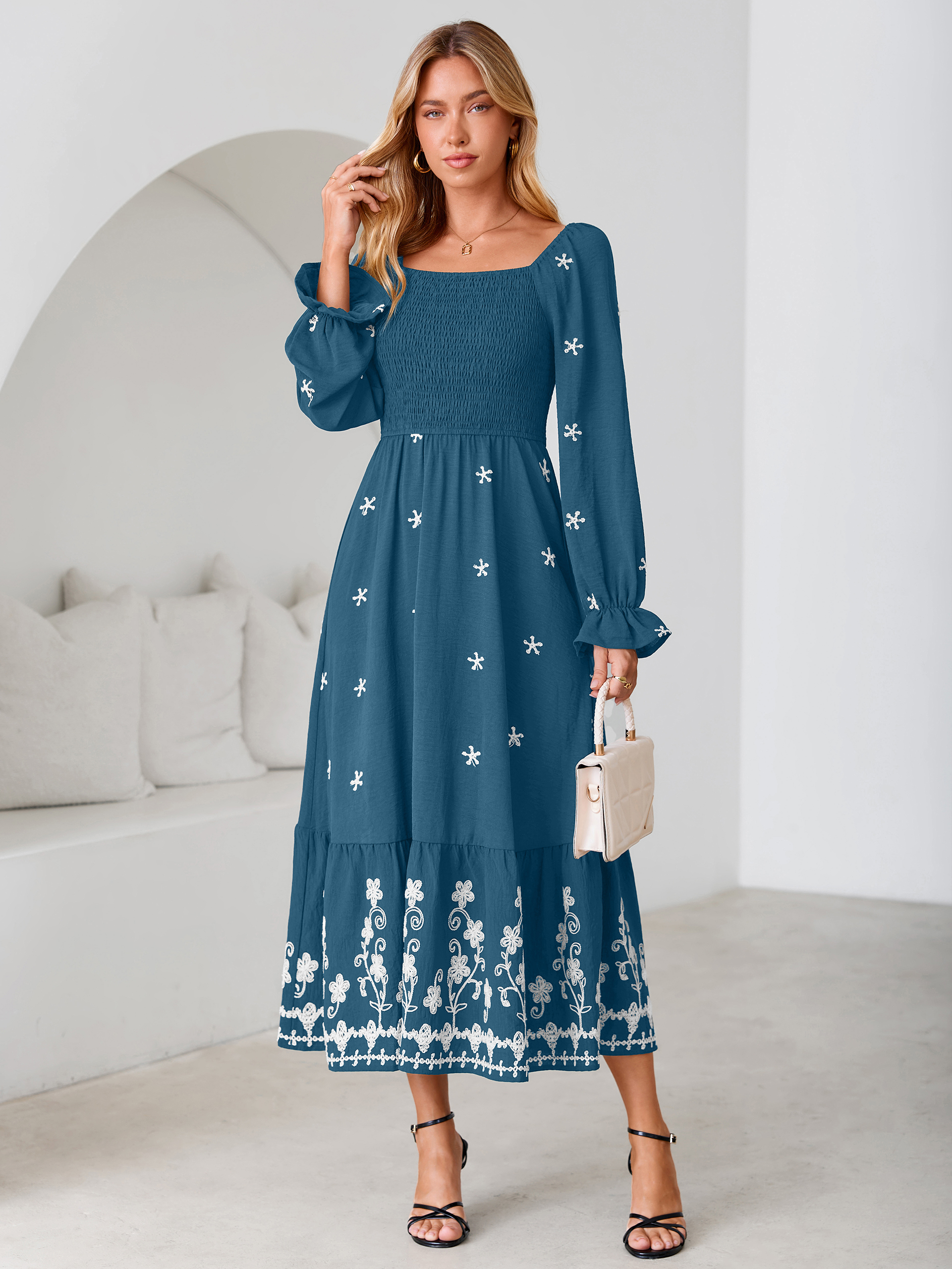 Boho Square Neck Floral Embroidered Maxi Dress