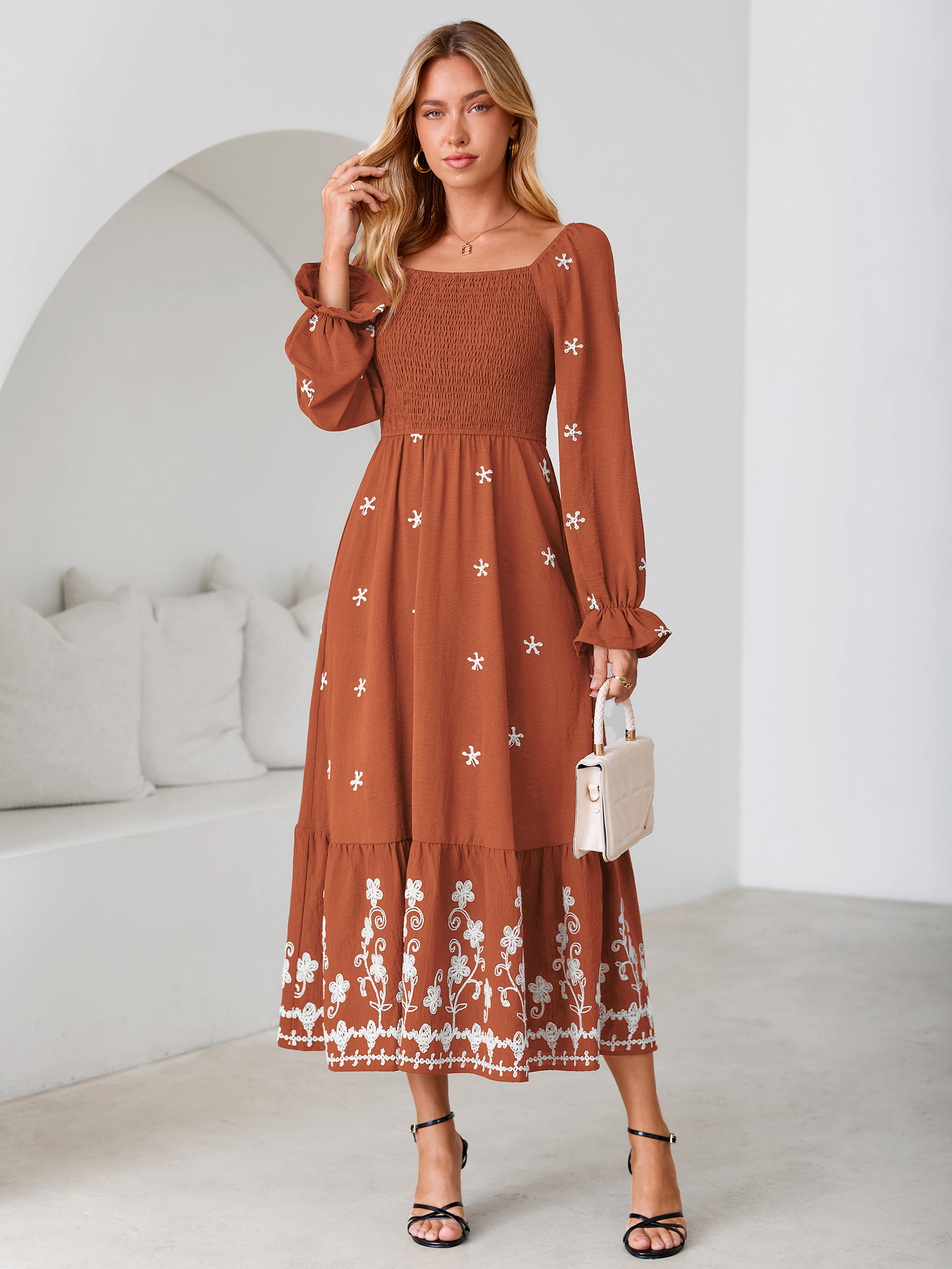 Boho Square Neck Floral Embroidered Maxi Dress