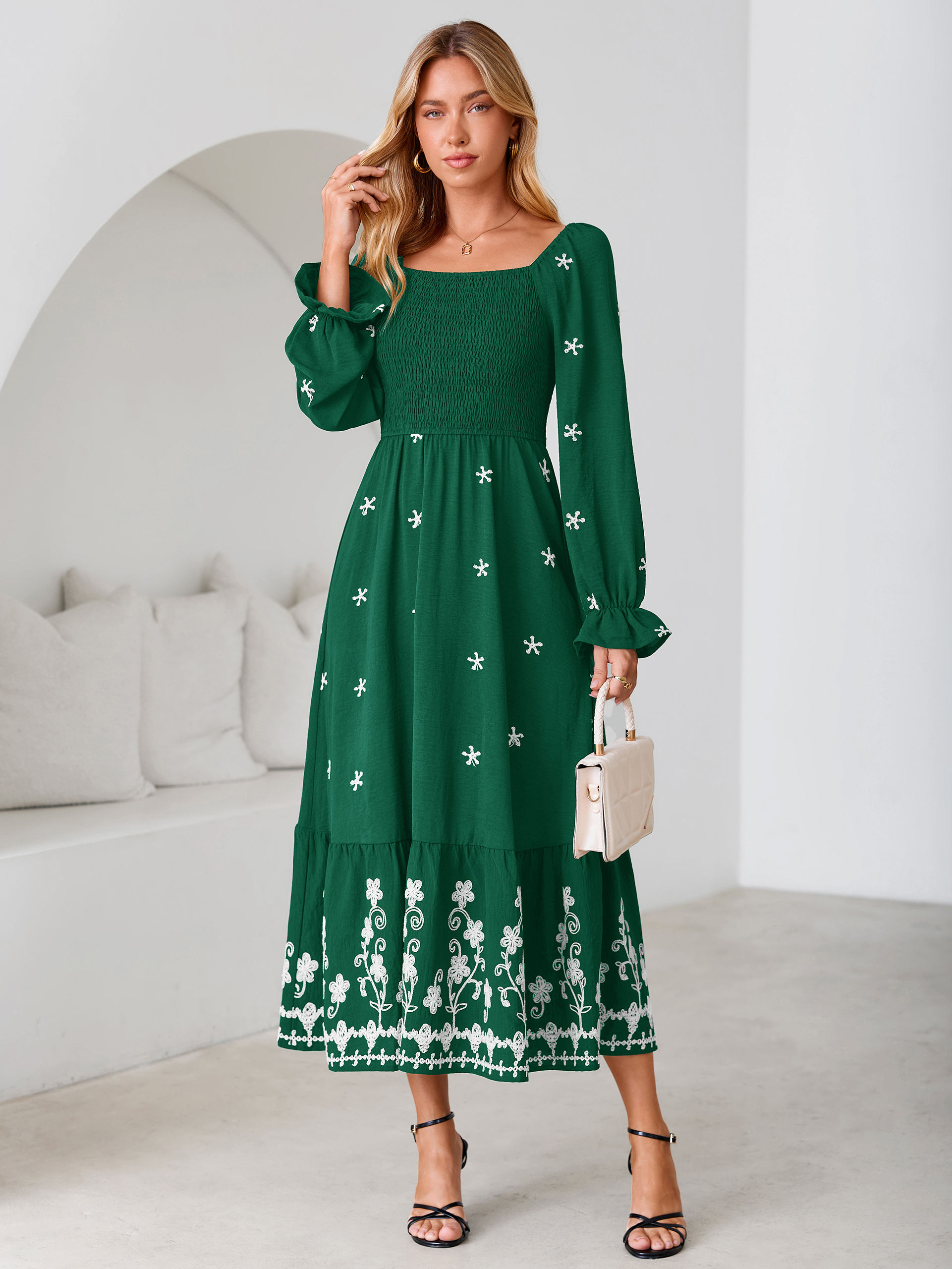 Boho Square Neck Floral Embroidered Maxi Dress