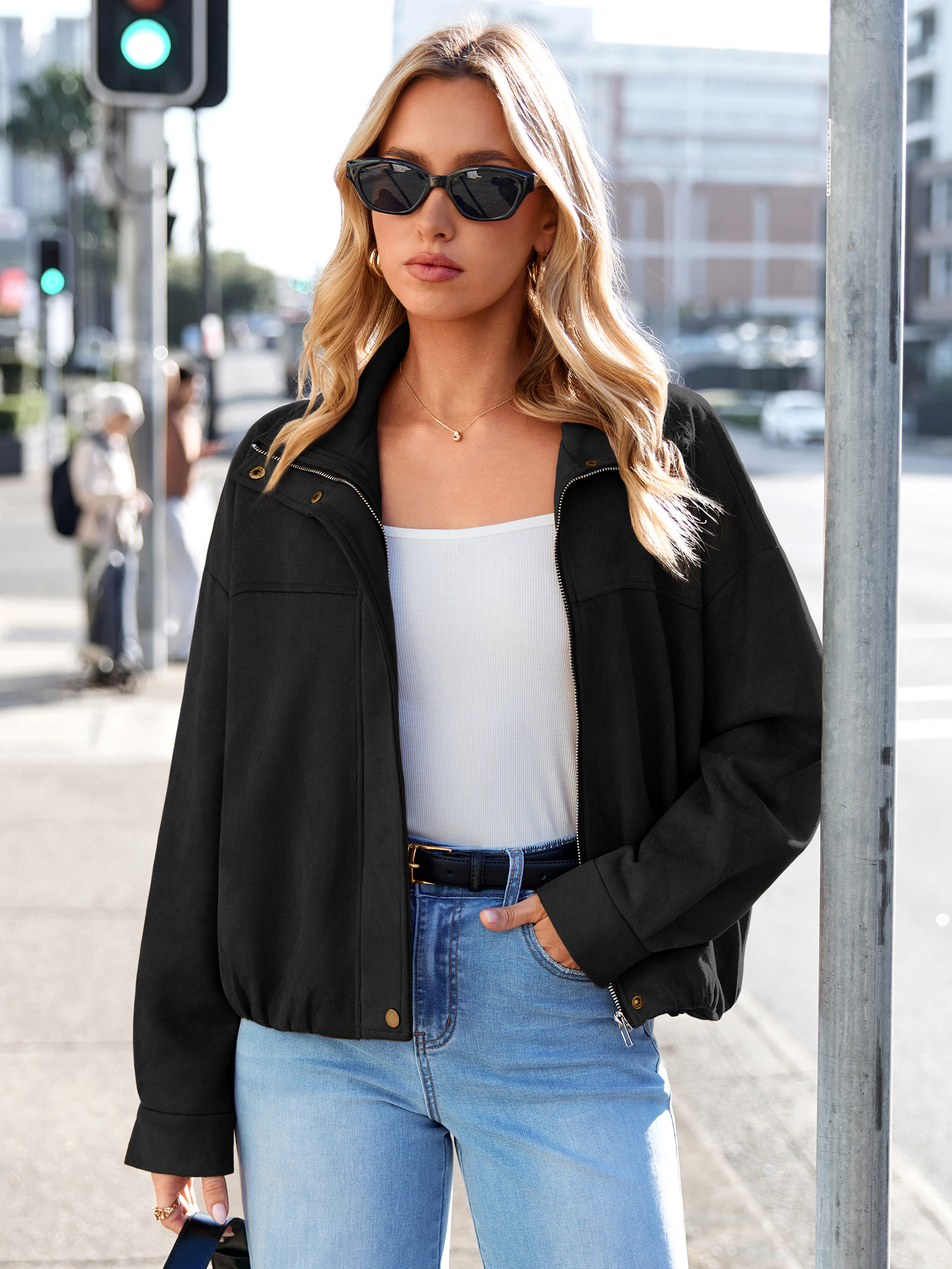 Casual Lapel Zip Front Faux Suede Bomber Jacket