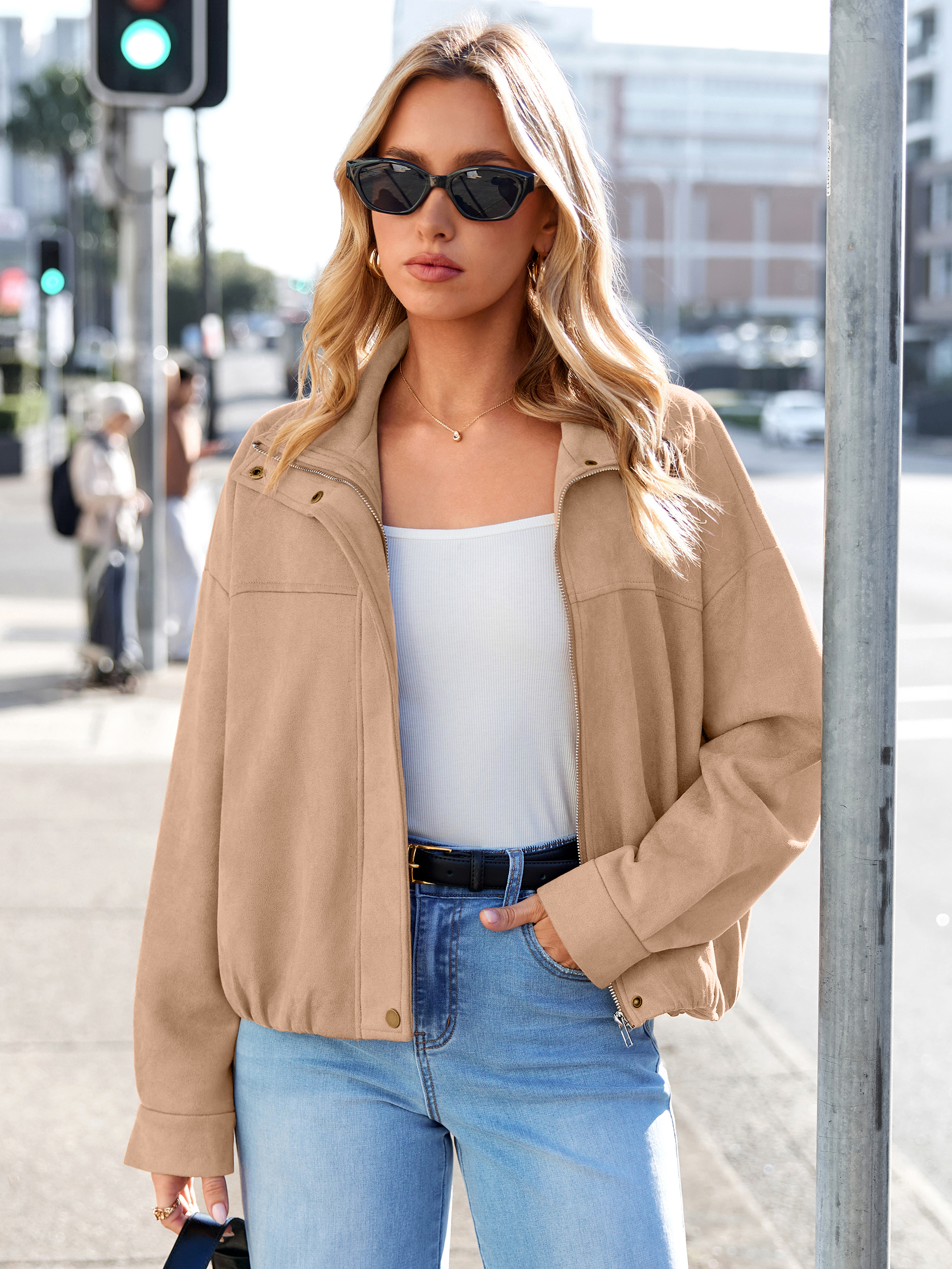 Casual Lapel Zip Front Faux Suede Bomber Jacket