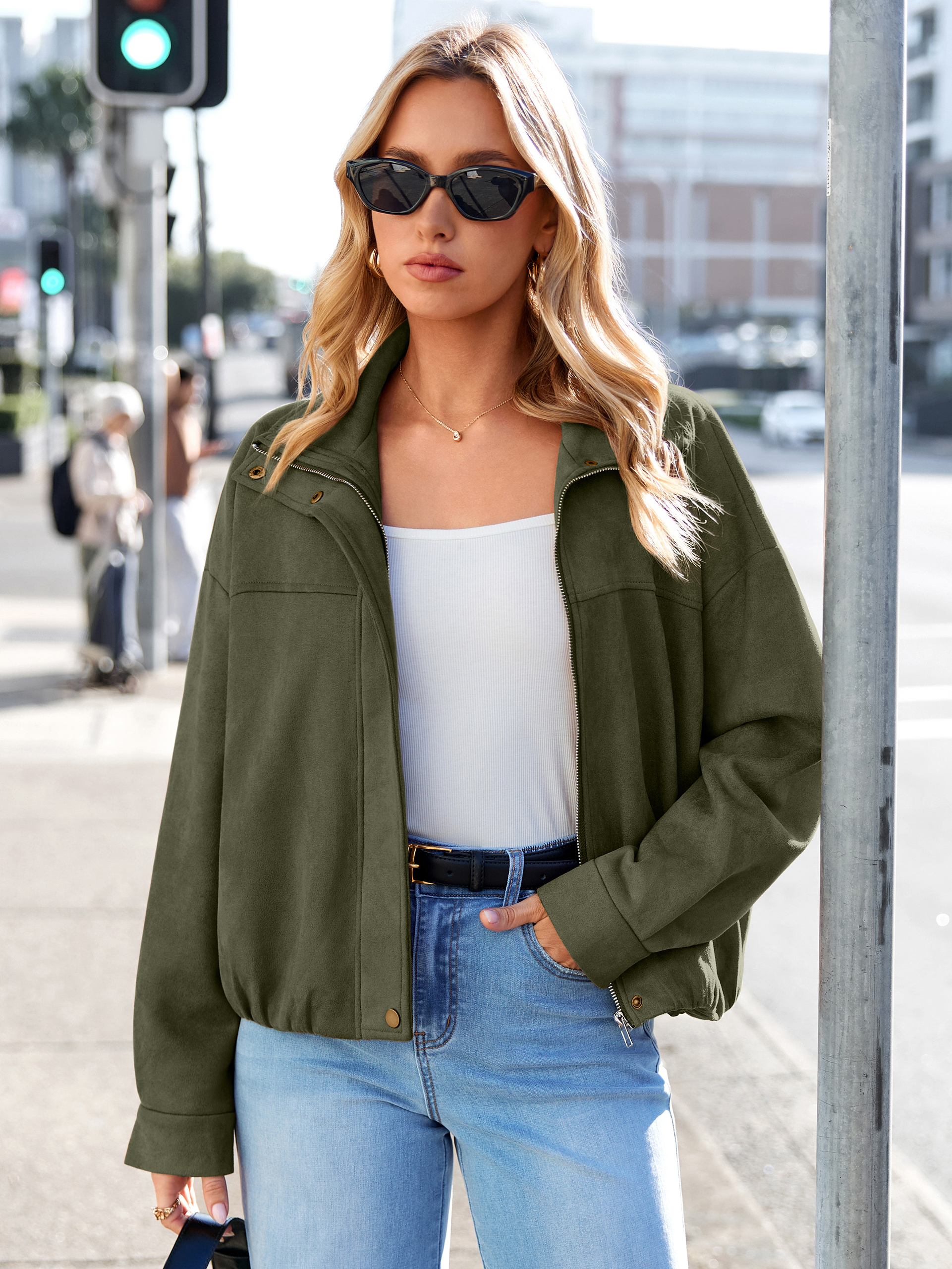 Casual Lapel Zip Front Faux Suede Bomber Jacket