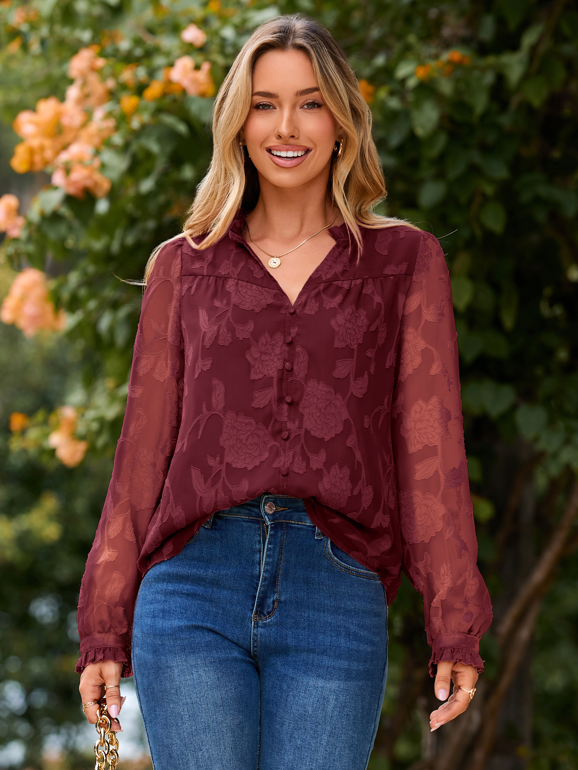 Chiffon Burnout V Neck Long Sleeve Blouse