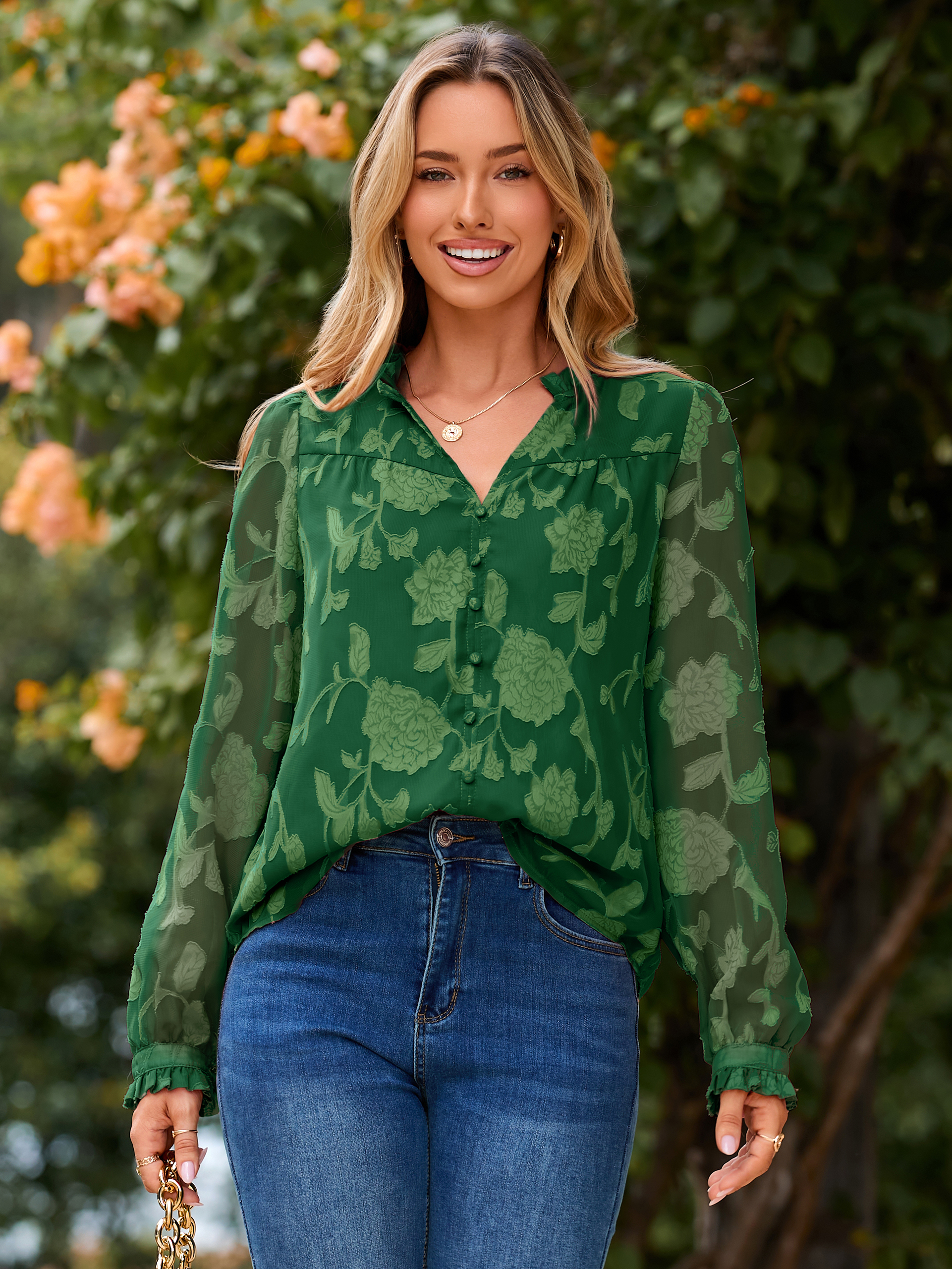 Chiffon Burnout V Neck Long Sleeve Blouse