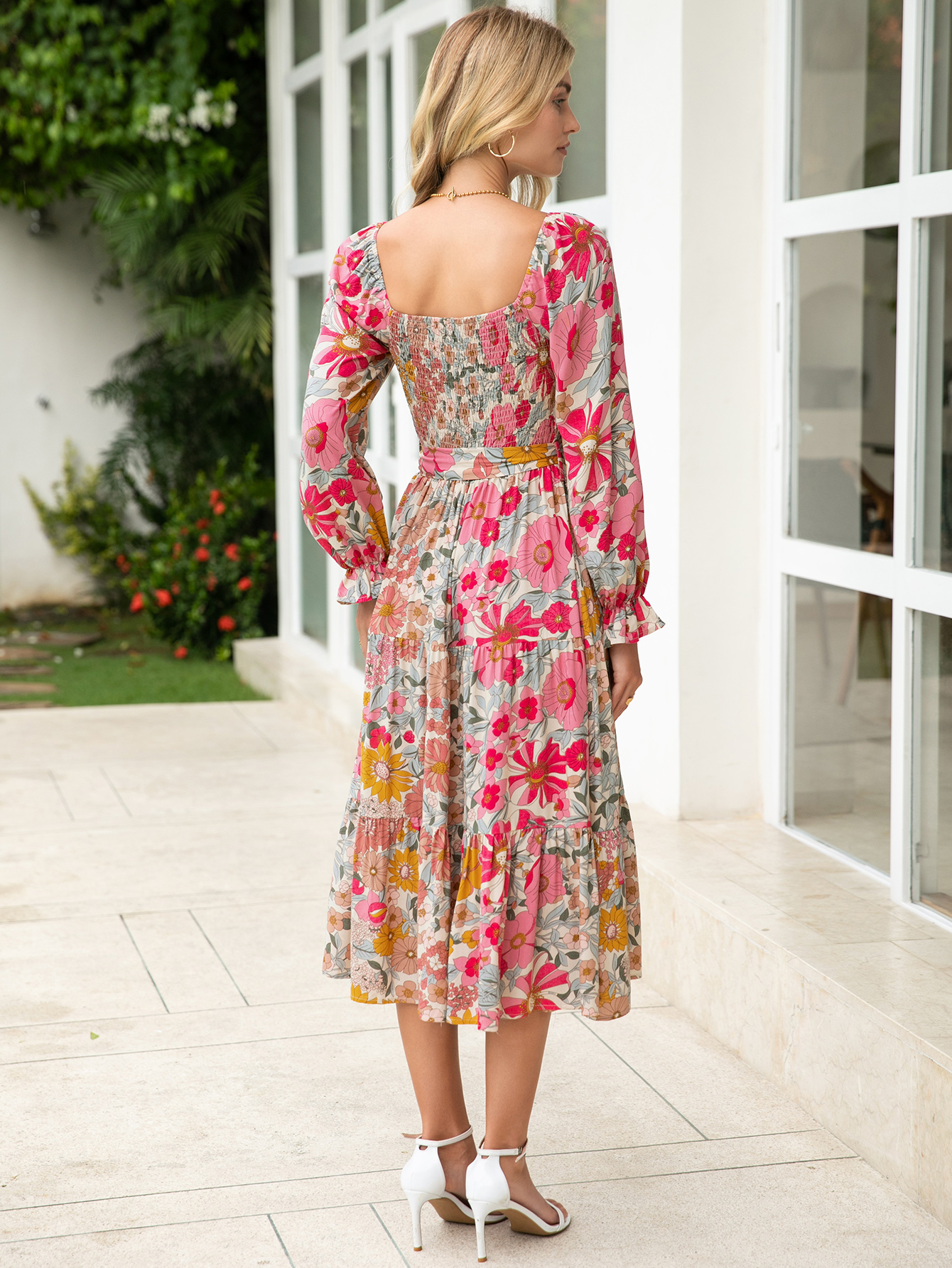 Floral Tiered Puff Sleeve Smocked Maxi Dress - Pink Floral