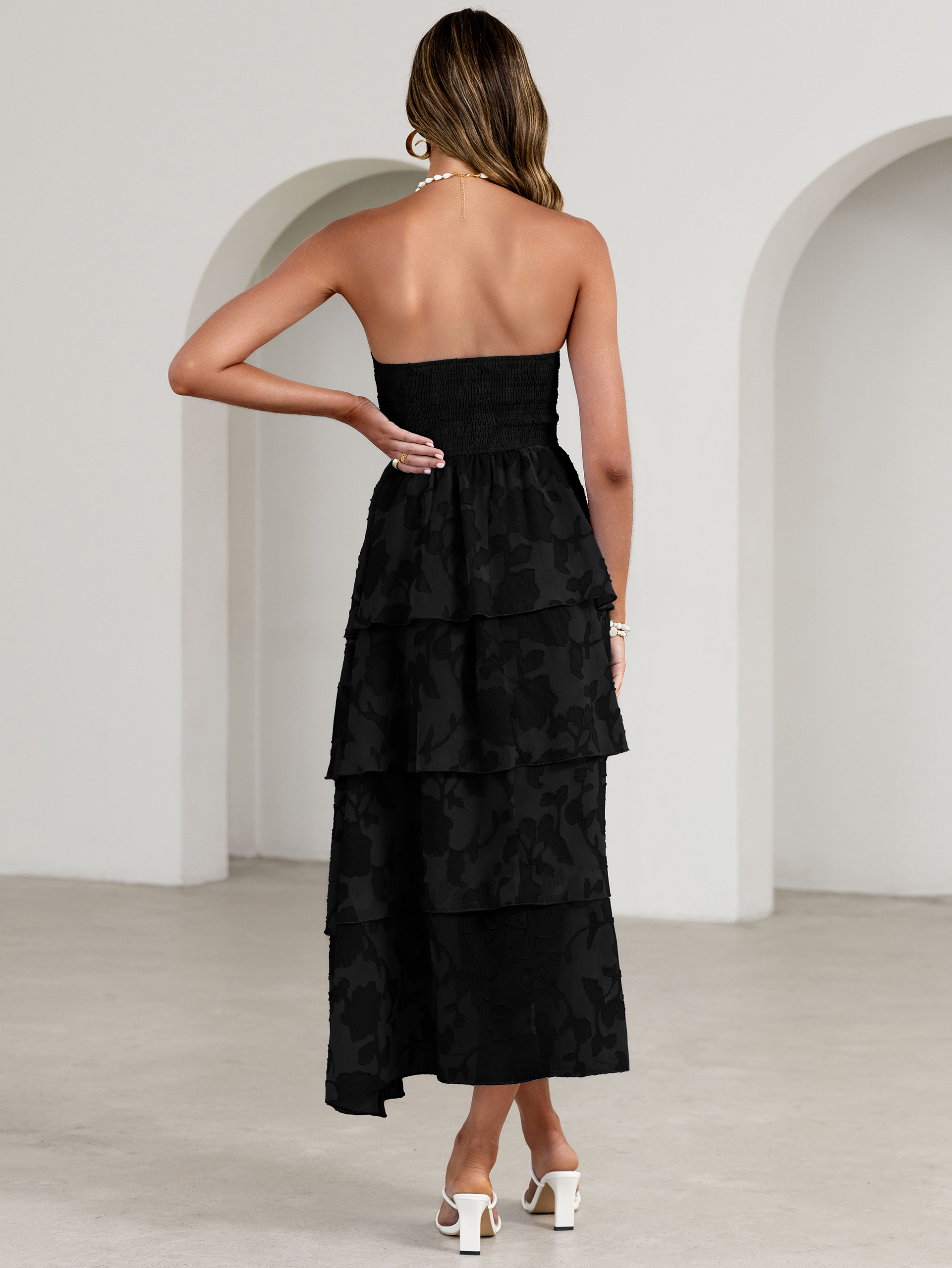 Floral Strapless Smocked Tiered Maxi Dress - Black