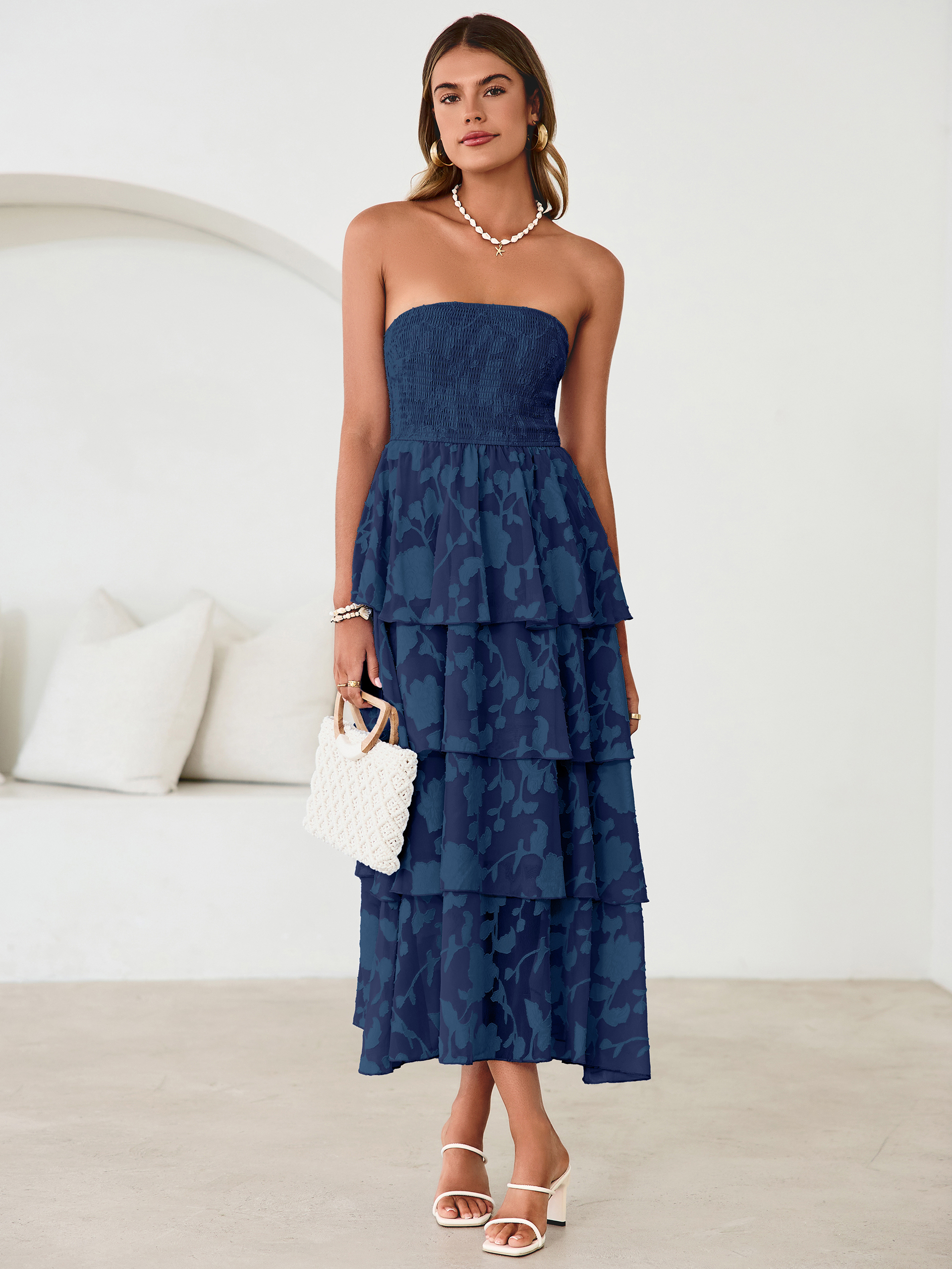 Floral Strapless Smocked Tiered Maxi Dress - Navy Blue