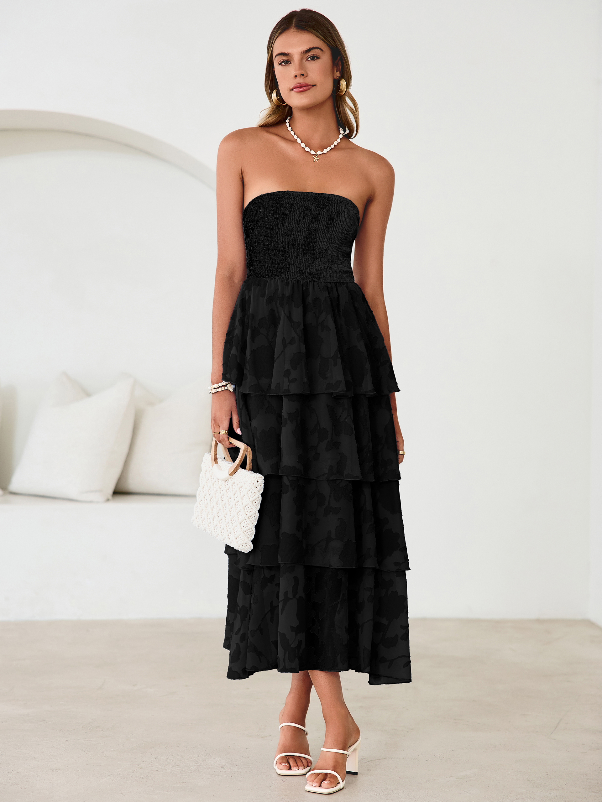 Floral Strapless Smocked Tiered Maxi Dress - Black