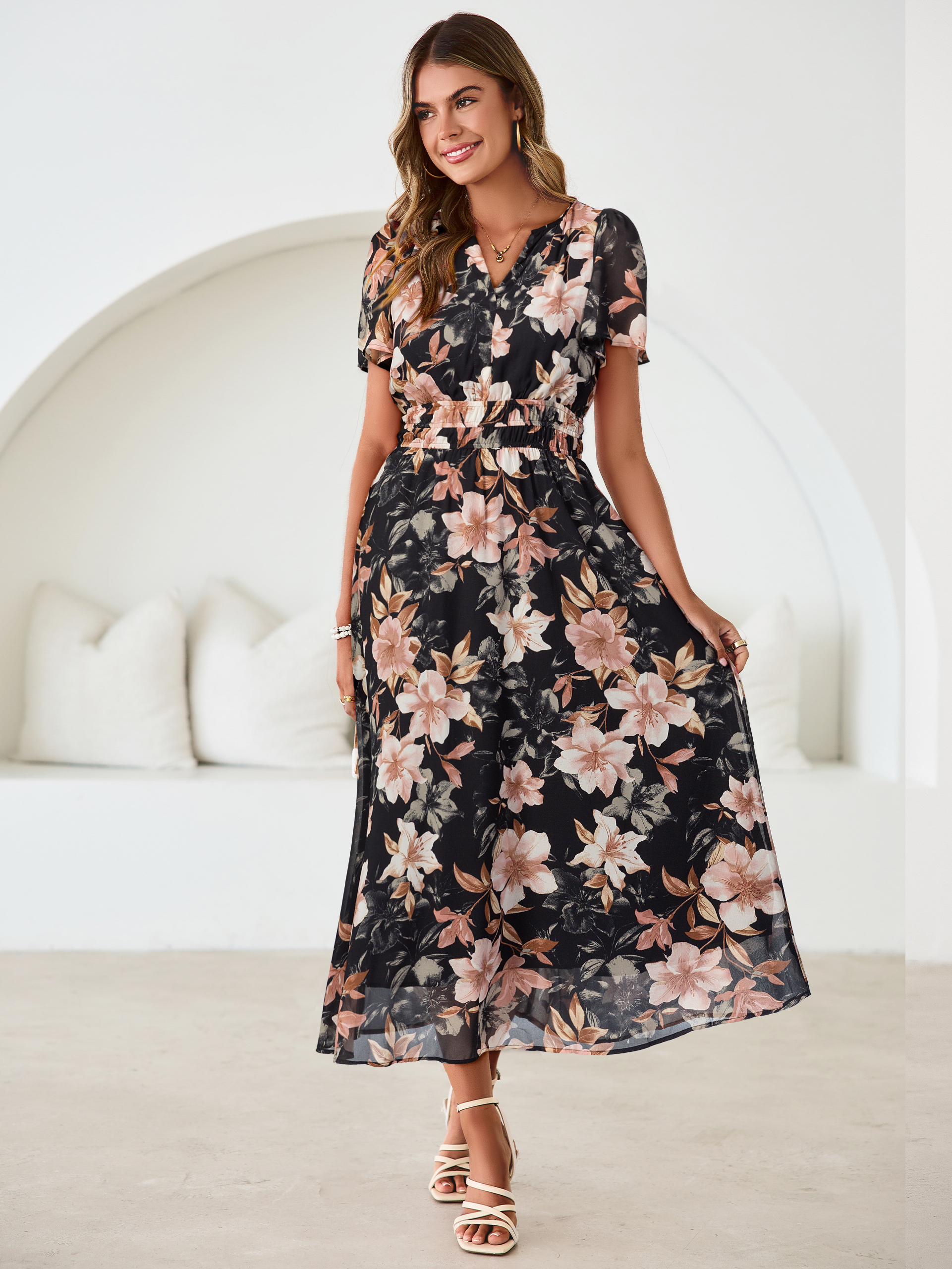 Floral V-Neck Smocked Waist Maxi Dress