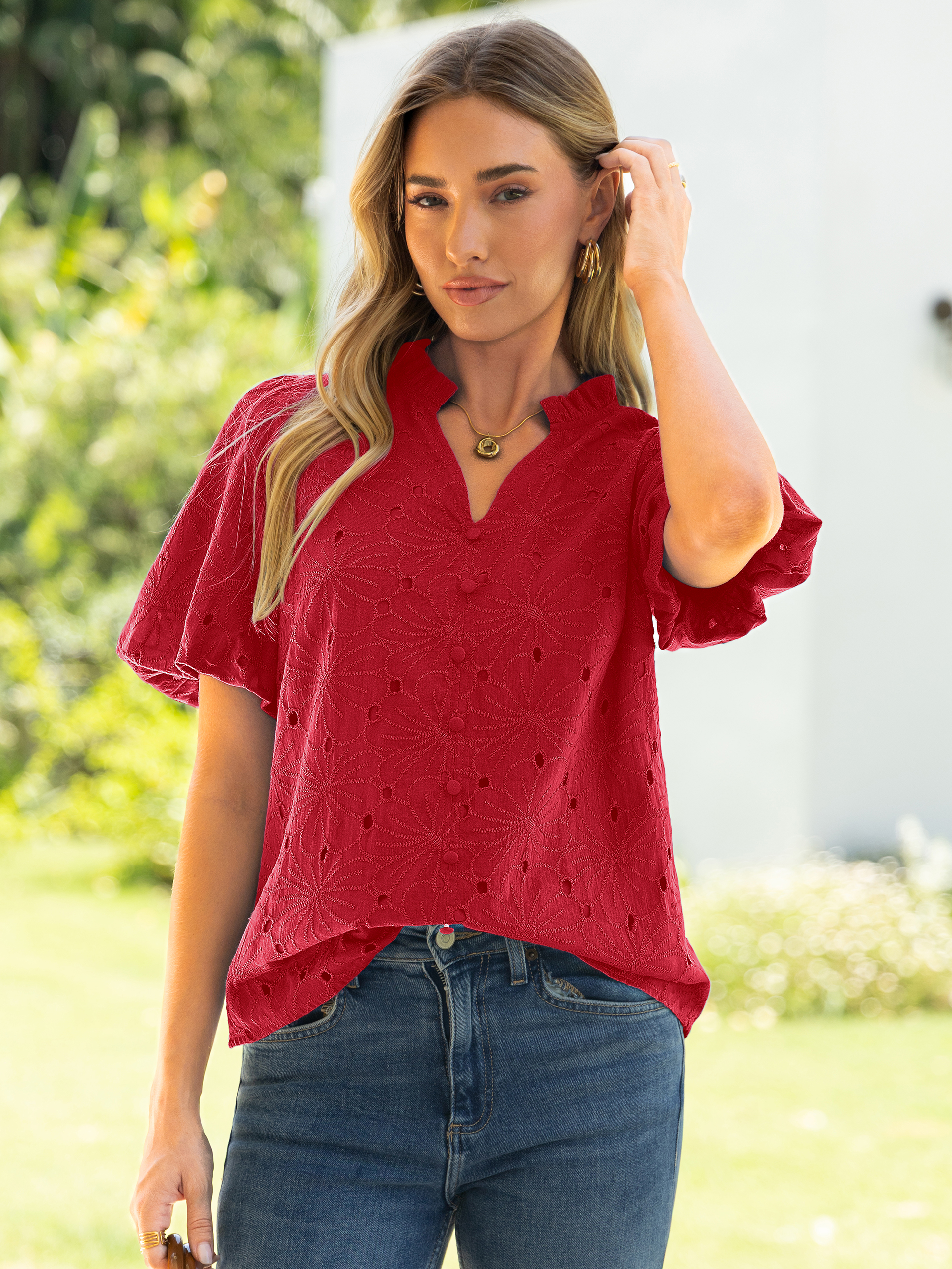 V Neck Eyelet Ruffle Button Up Puff Sleeve Top