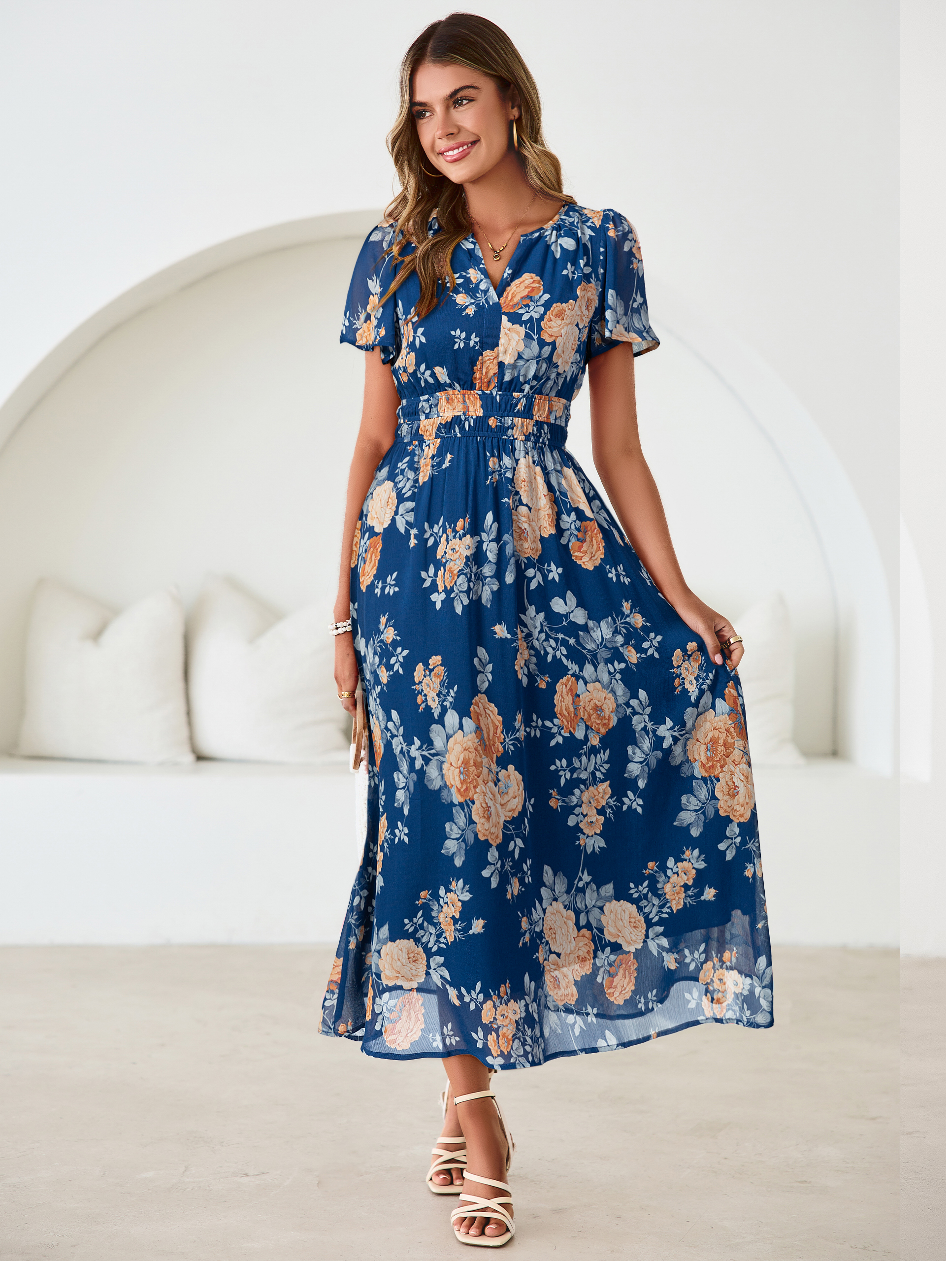 Floral V-Neck Smocked Waist Maxi Dress