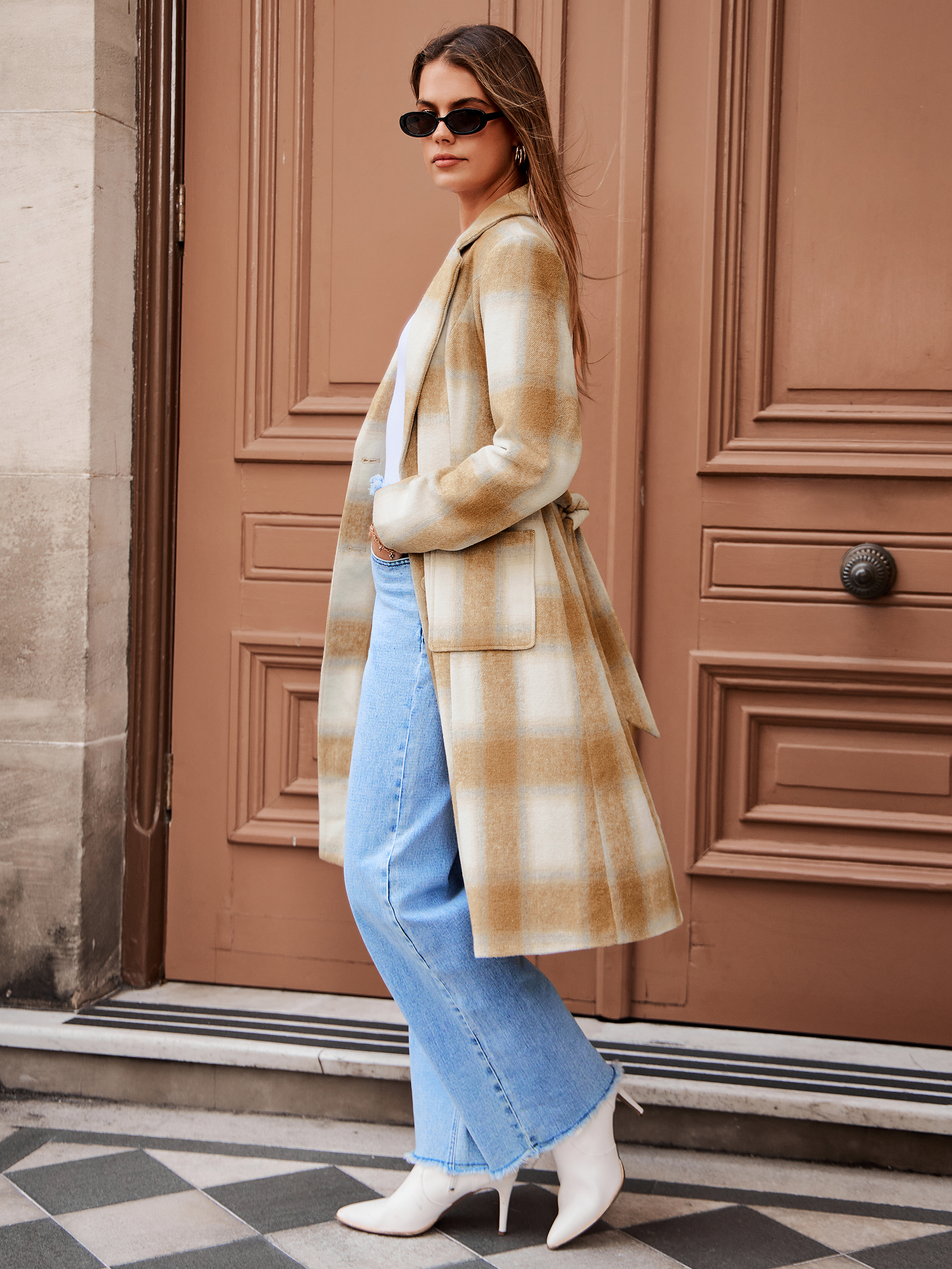 Plaid Belted Long Trench Coat with Lapel Collar