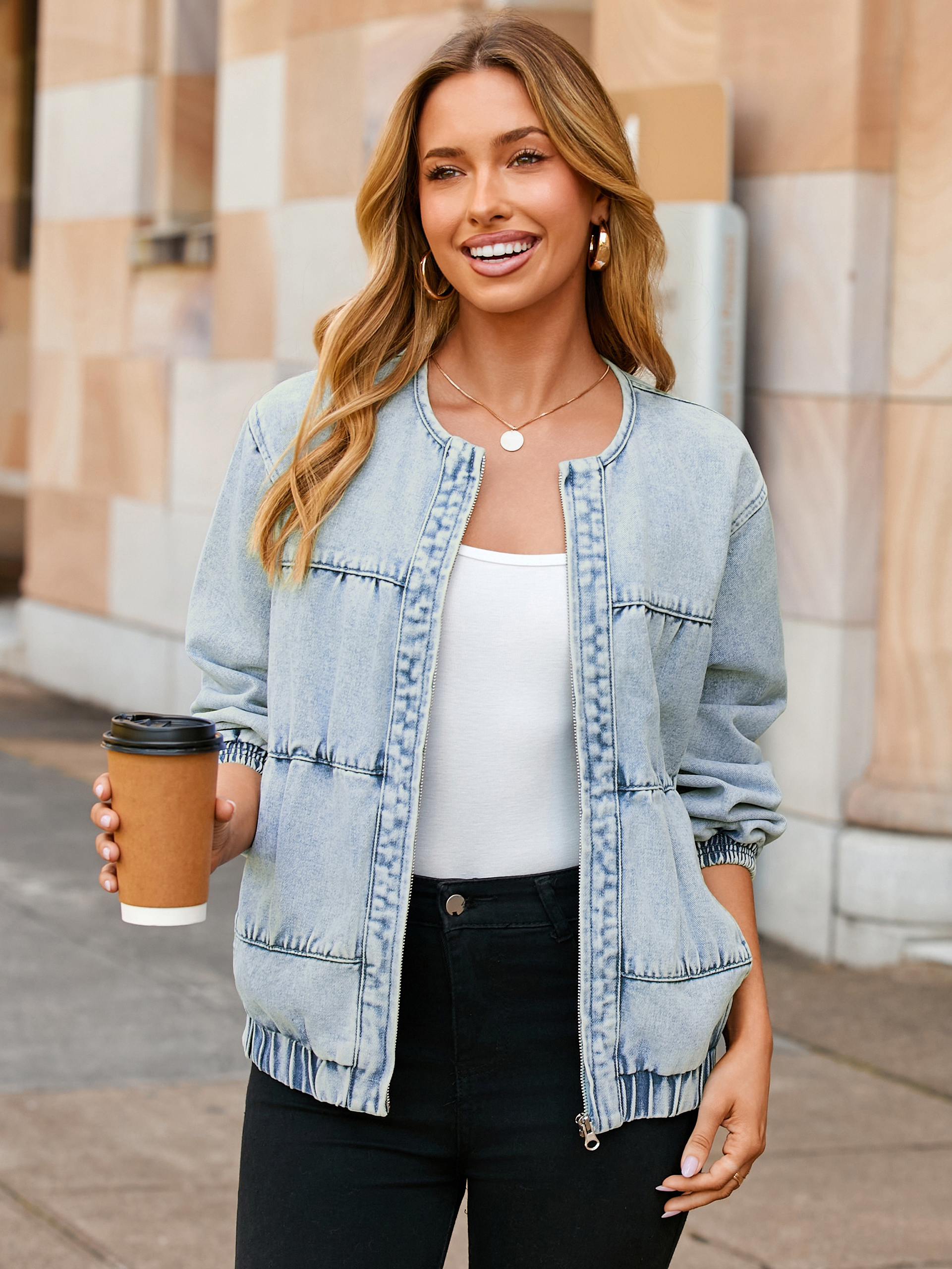 Loose Fit Zip Up Denim Bomber Jacket