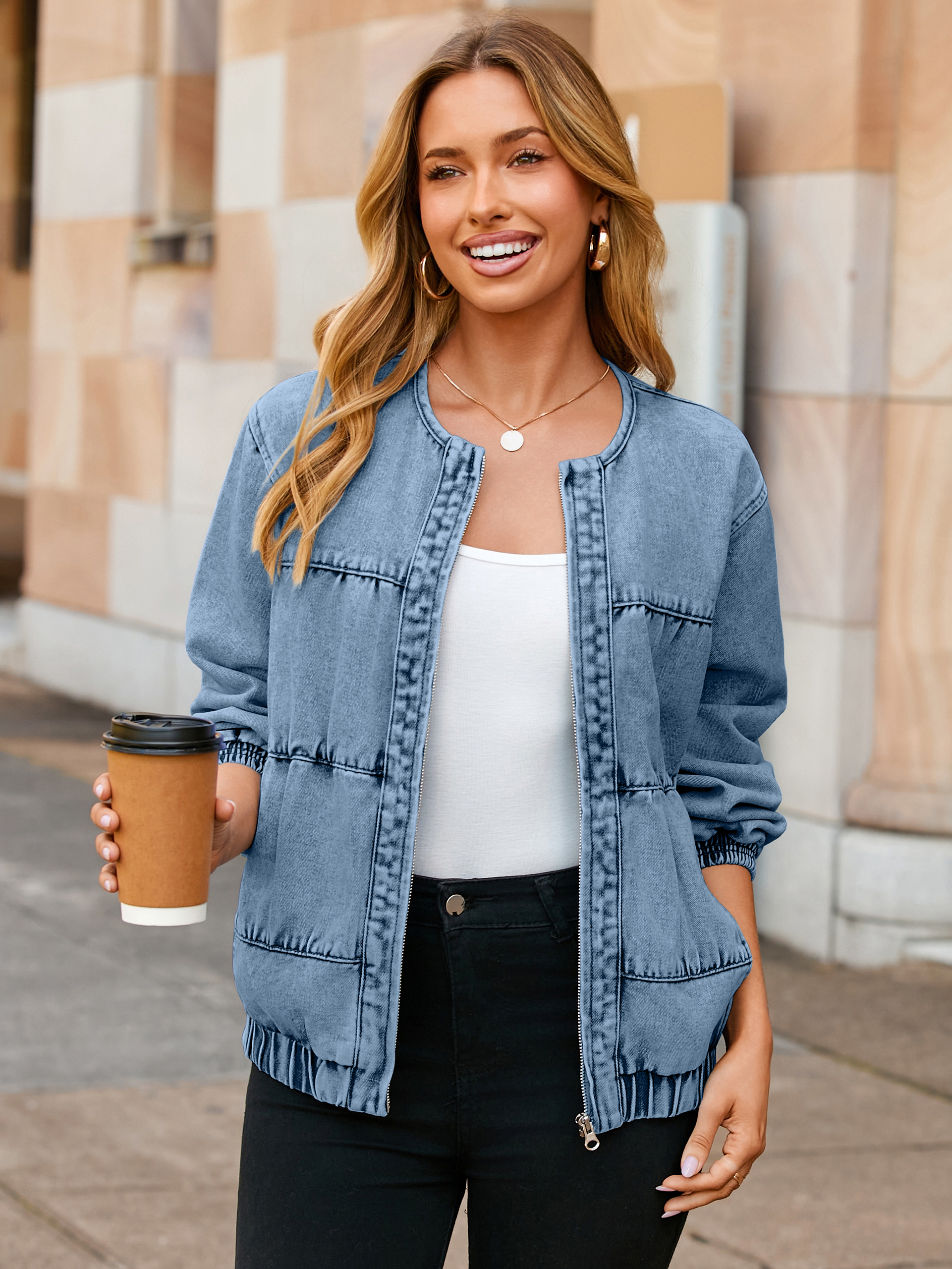 Loose Fit Zip Up Denim Bomber Jacket