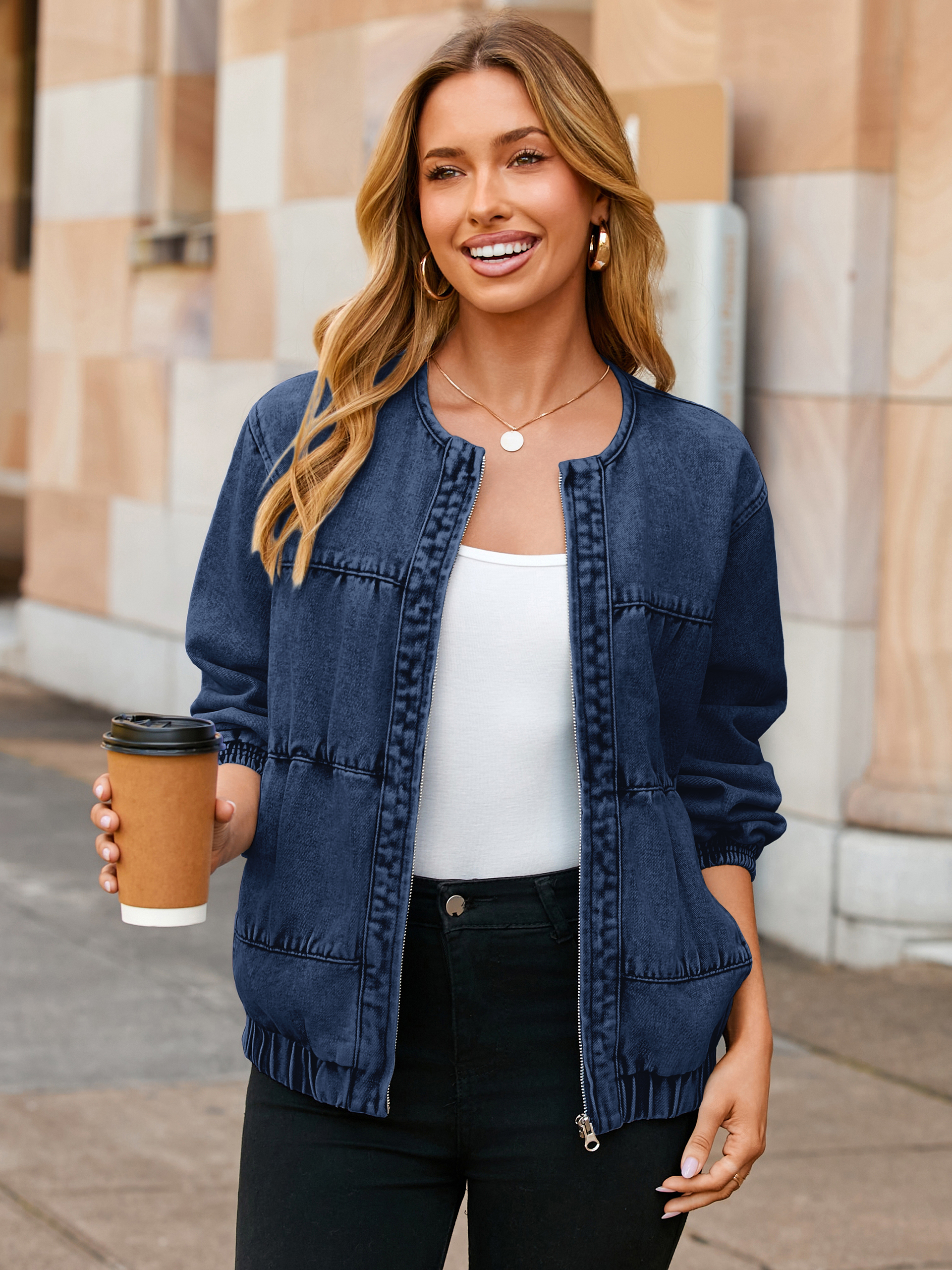 Loose Fit Zip Up Denim Bomber Jacket