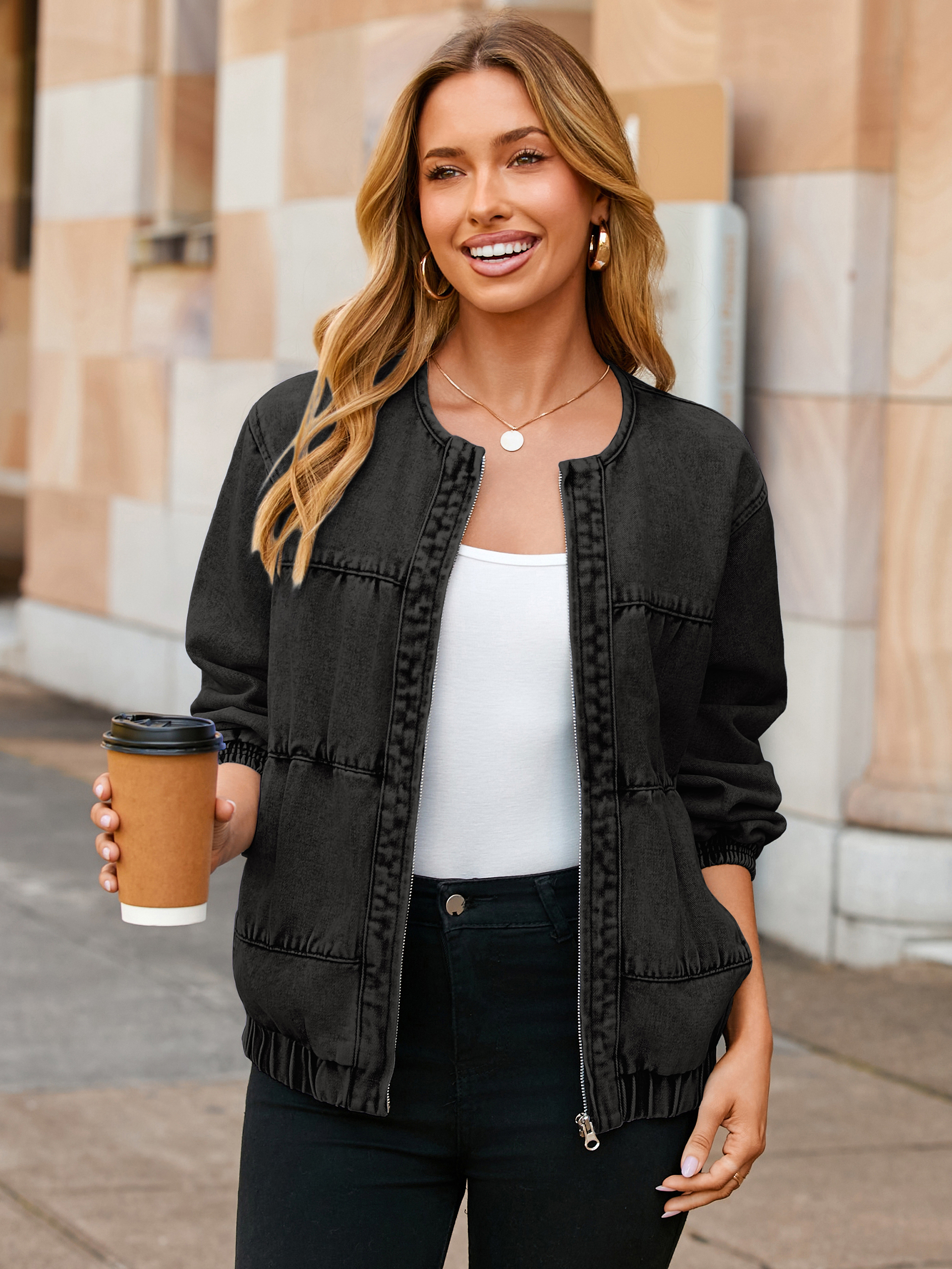 Loose Fit Zip Up Denim Bomber Jacket