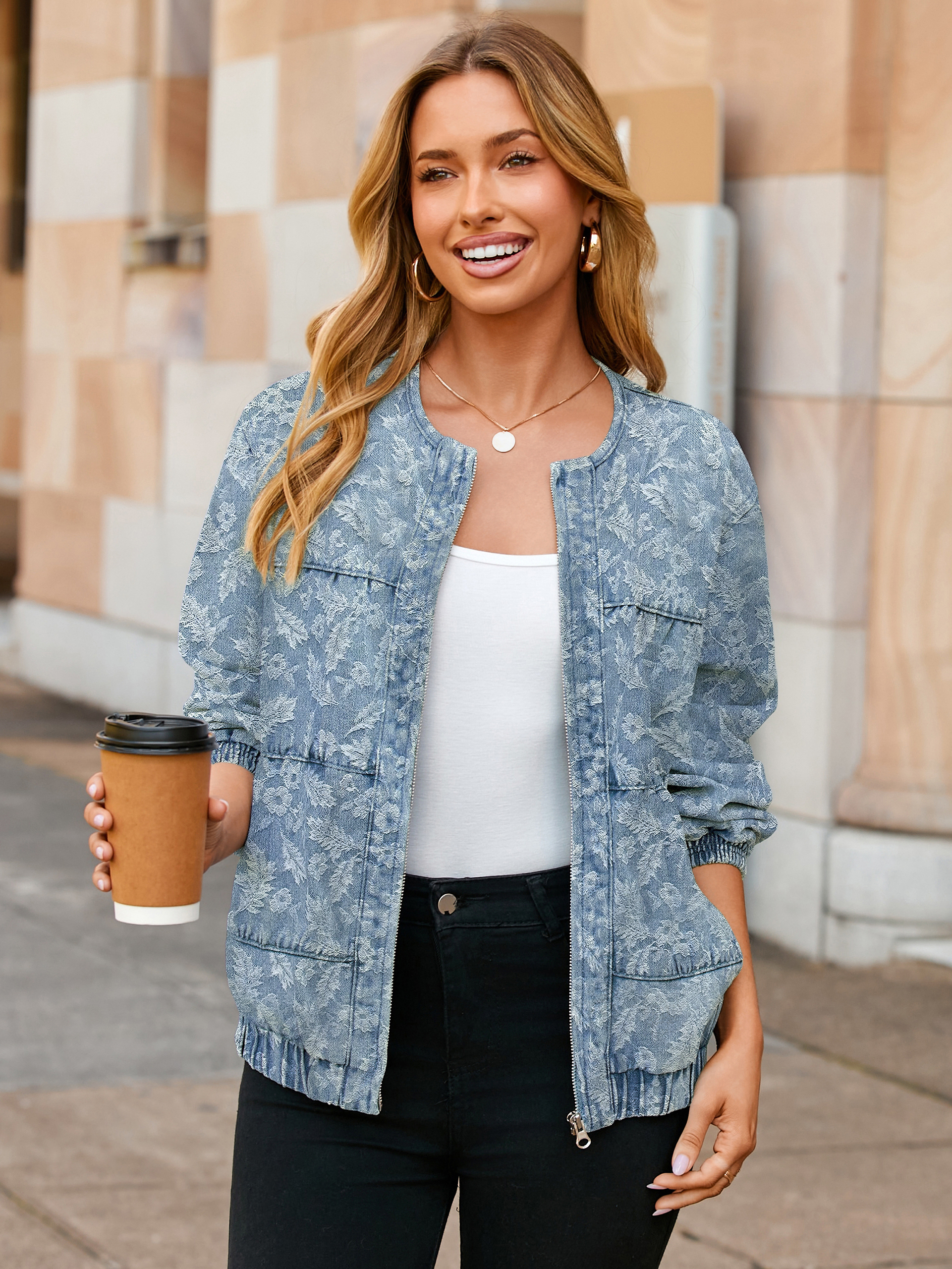 Loose Fit Zip Up Denim Bomber Jacket