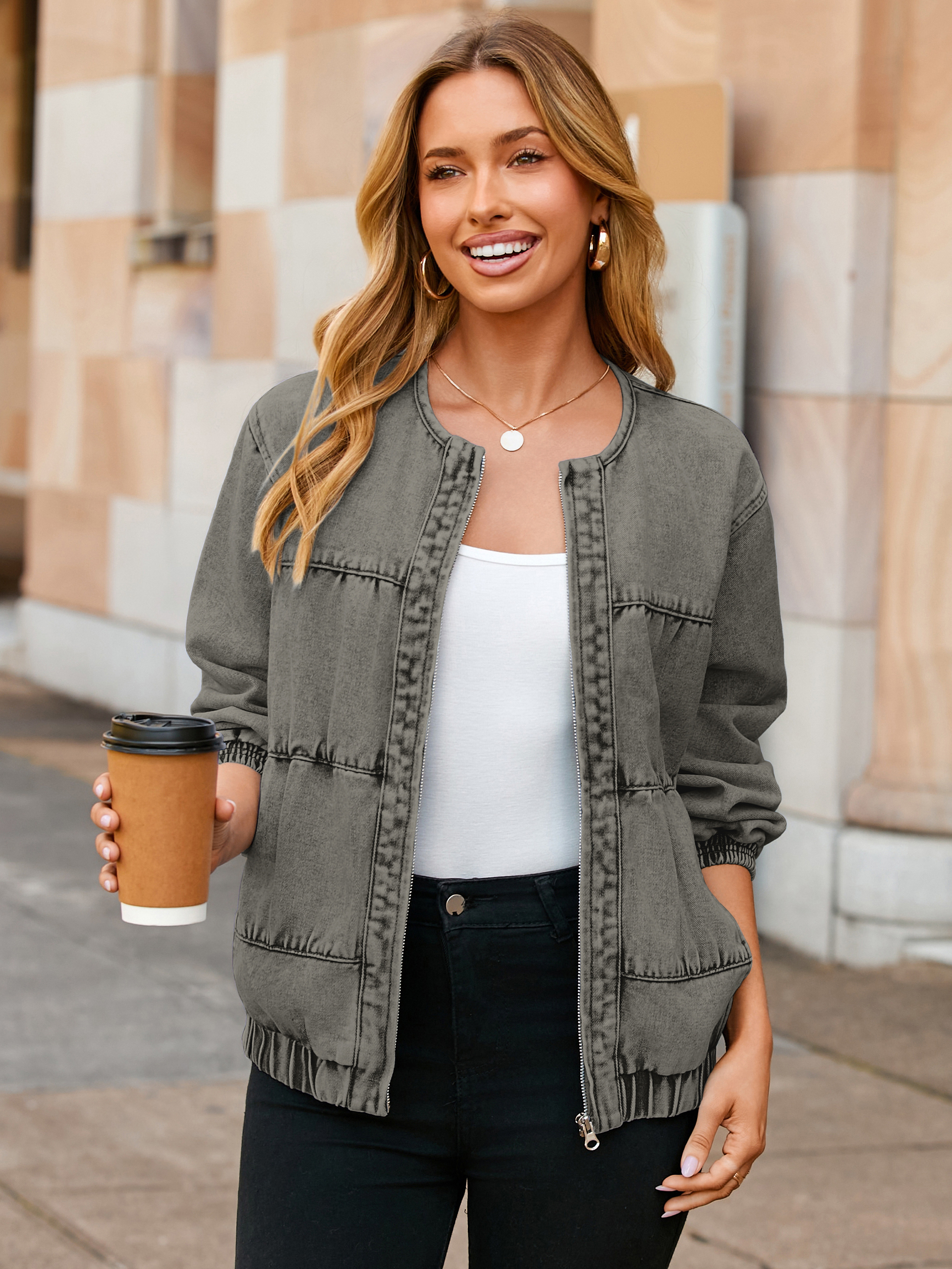 Loose Fit Zip Up Denim Bomber Jacket