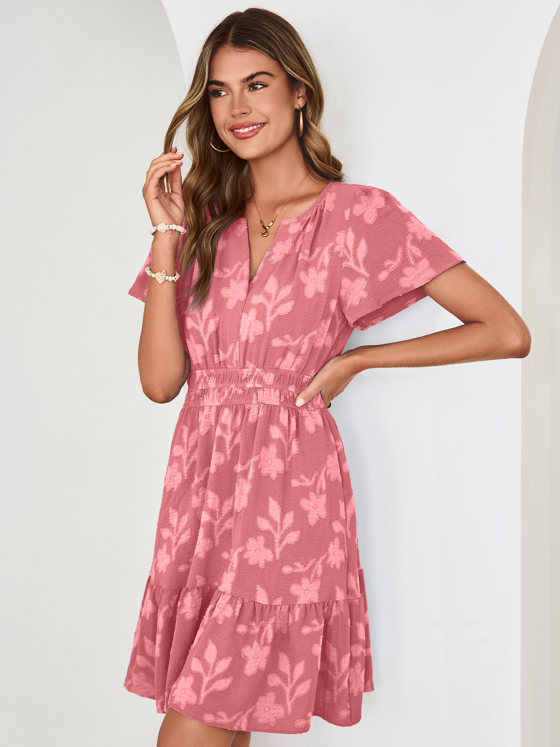 Floral Jacquard V Neck Short Sleeve Mini Dress - Rust Pink