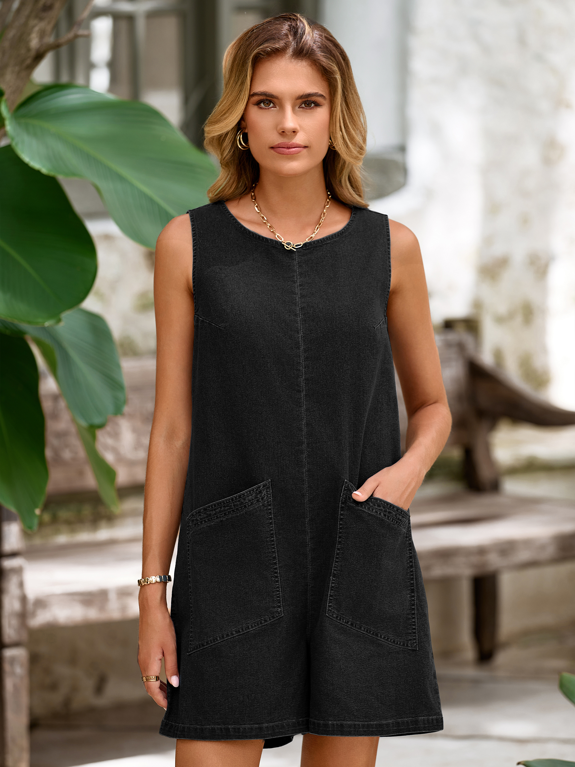 Sleeveless Crew Neck Loose Fit Denim Romper