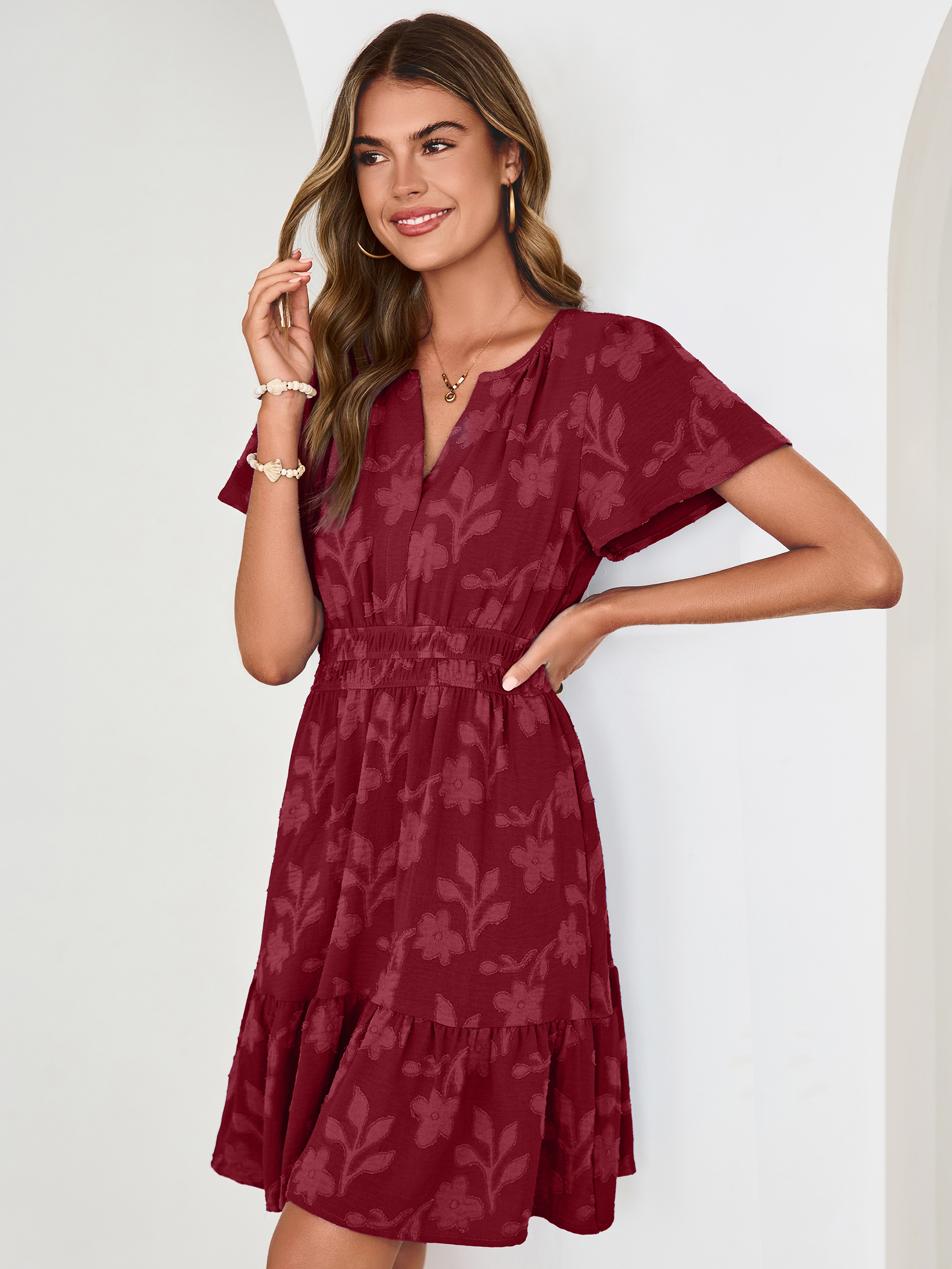 Floral Jacquard V Neck Short Sleeve Mini Dress - Burgundy