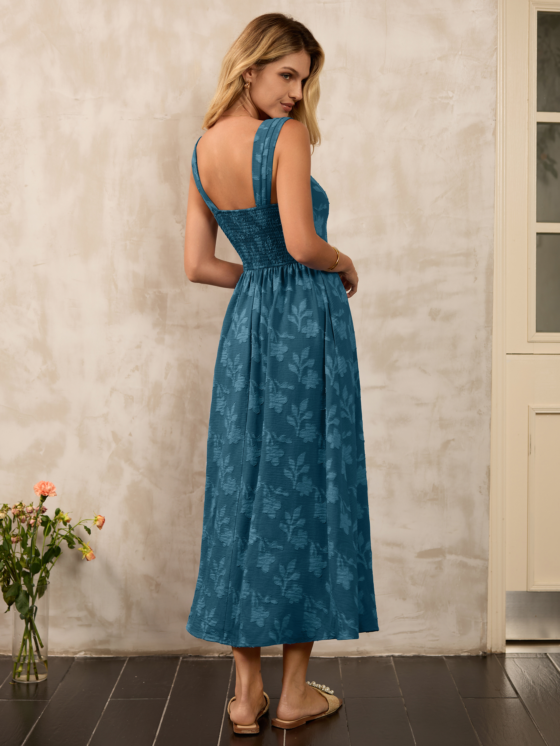 Square Neck Burnout Floral Tank Maxi Dress