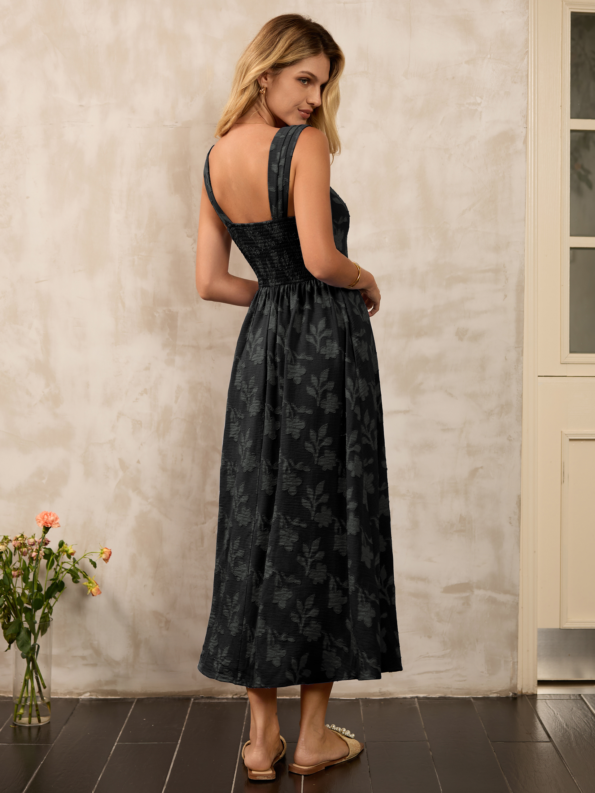 Square Neck Burnout Floral Tank Maxi Dress