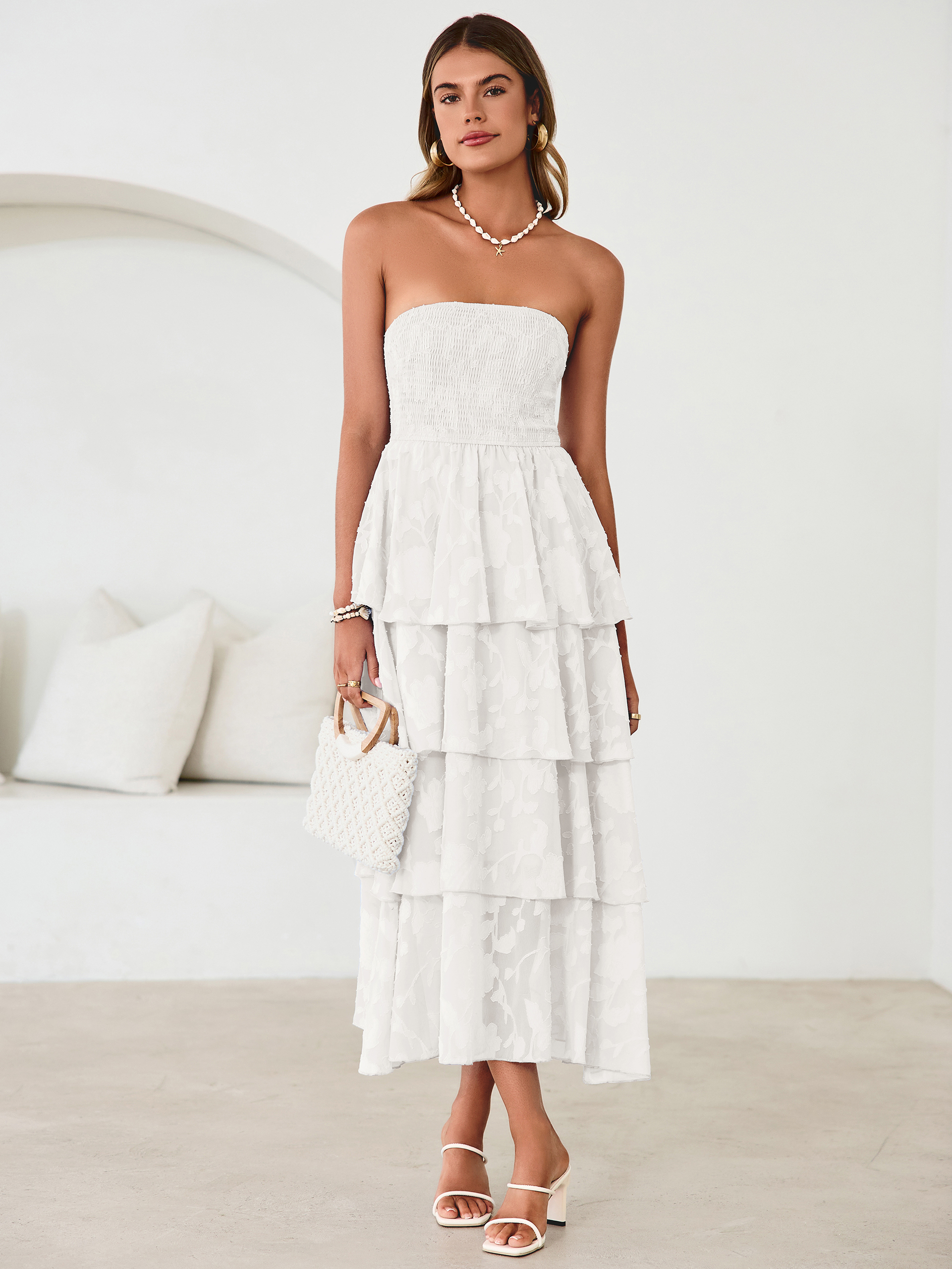 Floral Strapless Smocked Tiered Maxi Dress - White