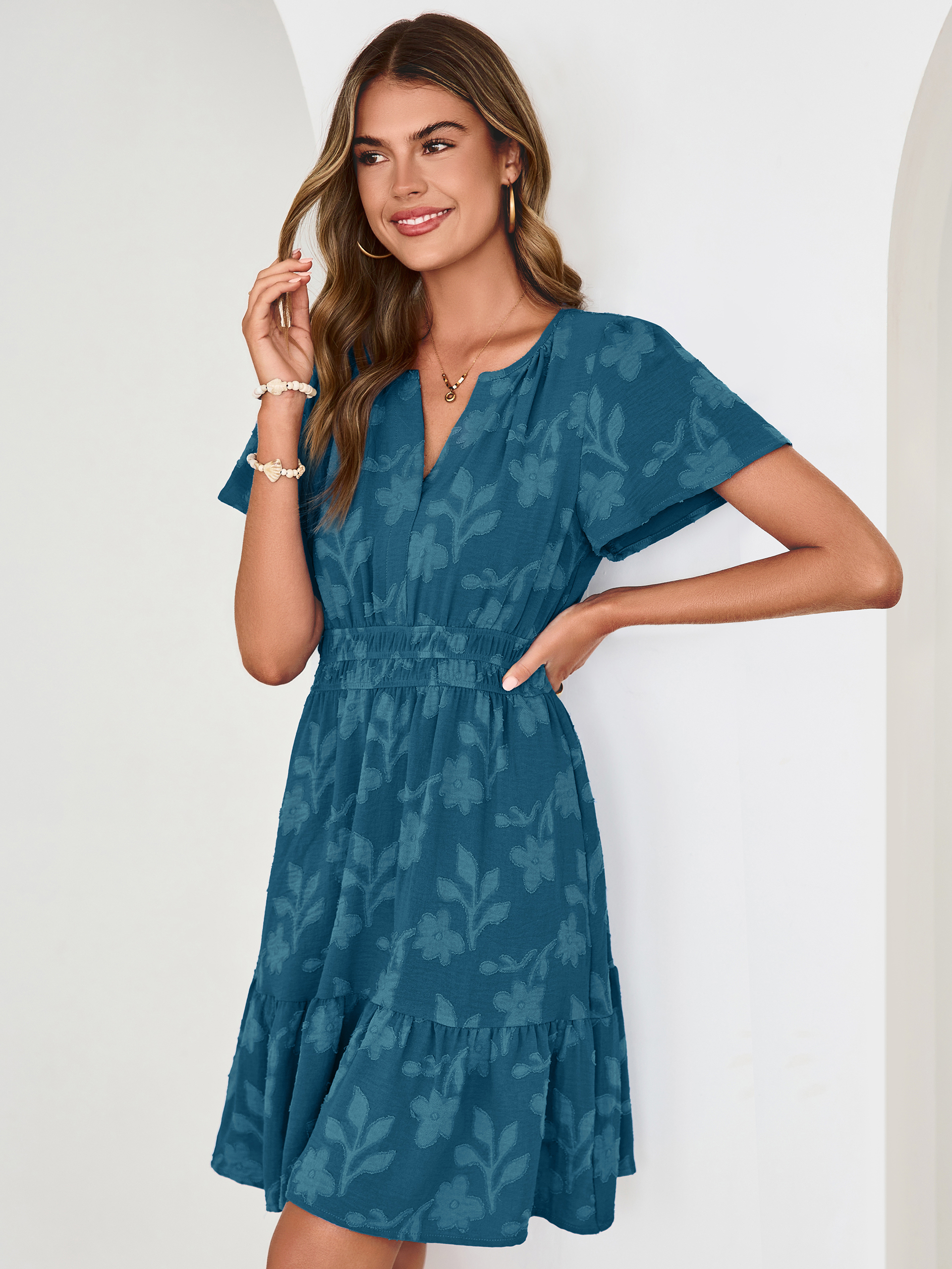 Floral Jacquard V Neck Short Sleeve Mini Dress - Lake Blue