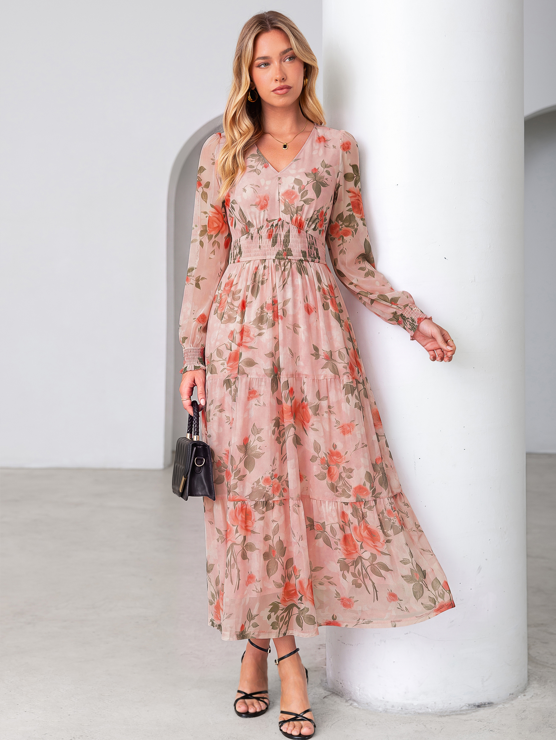 Romantic Floral Tulle Smocked Maxi Dress
