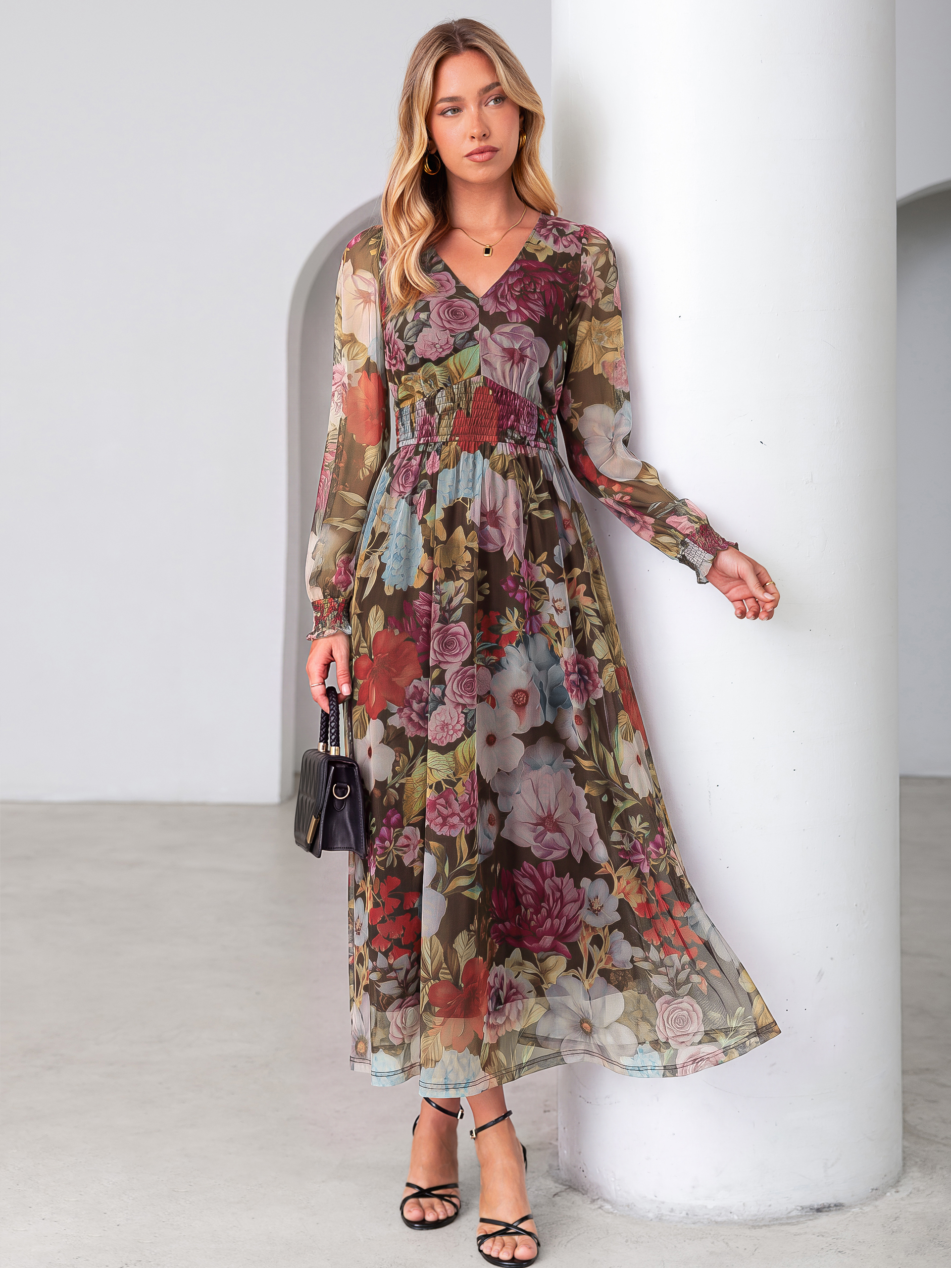 Romantic Floral Tulle Smocked Maxi Dress