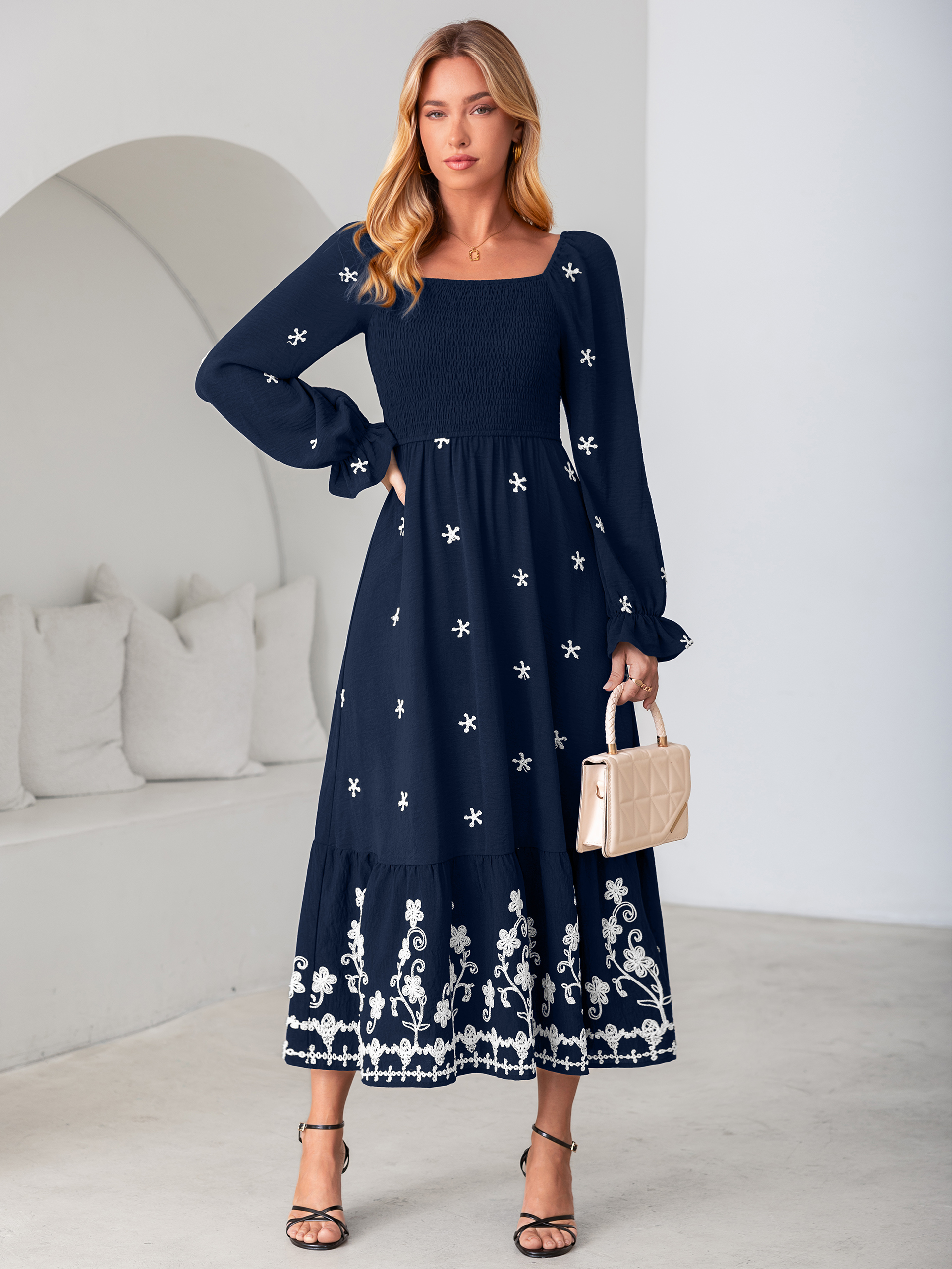 Boho Square Neck Floral Embroidered Maxi Dress